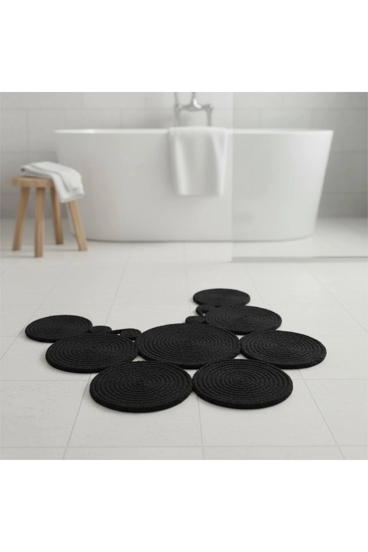 Jüt Hasır Görünümlü | Siyah Renk | Çift Taraflı Yıkanabilir Banyo Paspası | Klozet Önü | Leke Tutmaz