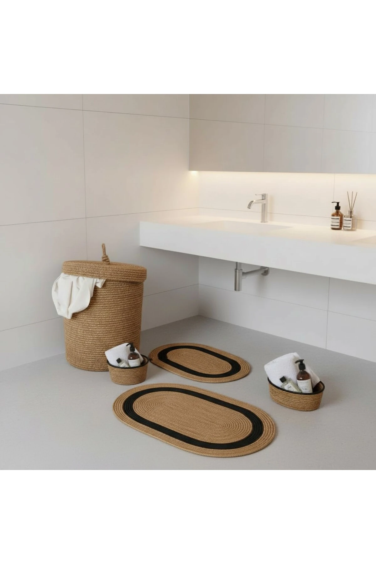 Hasır / Jüt 5 Parça Siyah Şeritli Banyo Paspas Takımı | Kirli Sepeti | Oval Sepetler