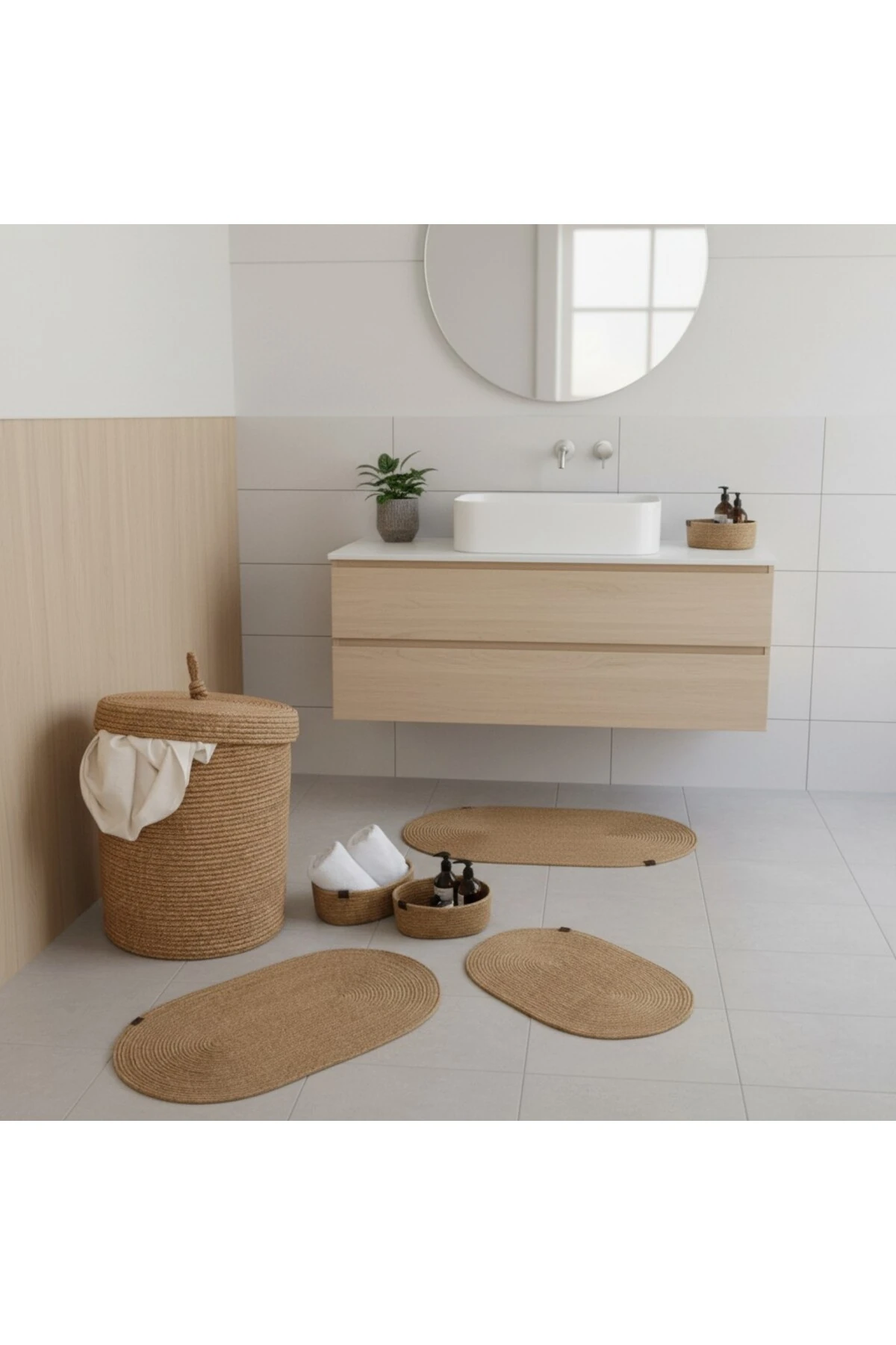 Hasır / Jüt 5 Parça Hasır Banyo Paspas Takımı | Kirli Sepeti | Oval Sepetler