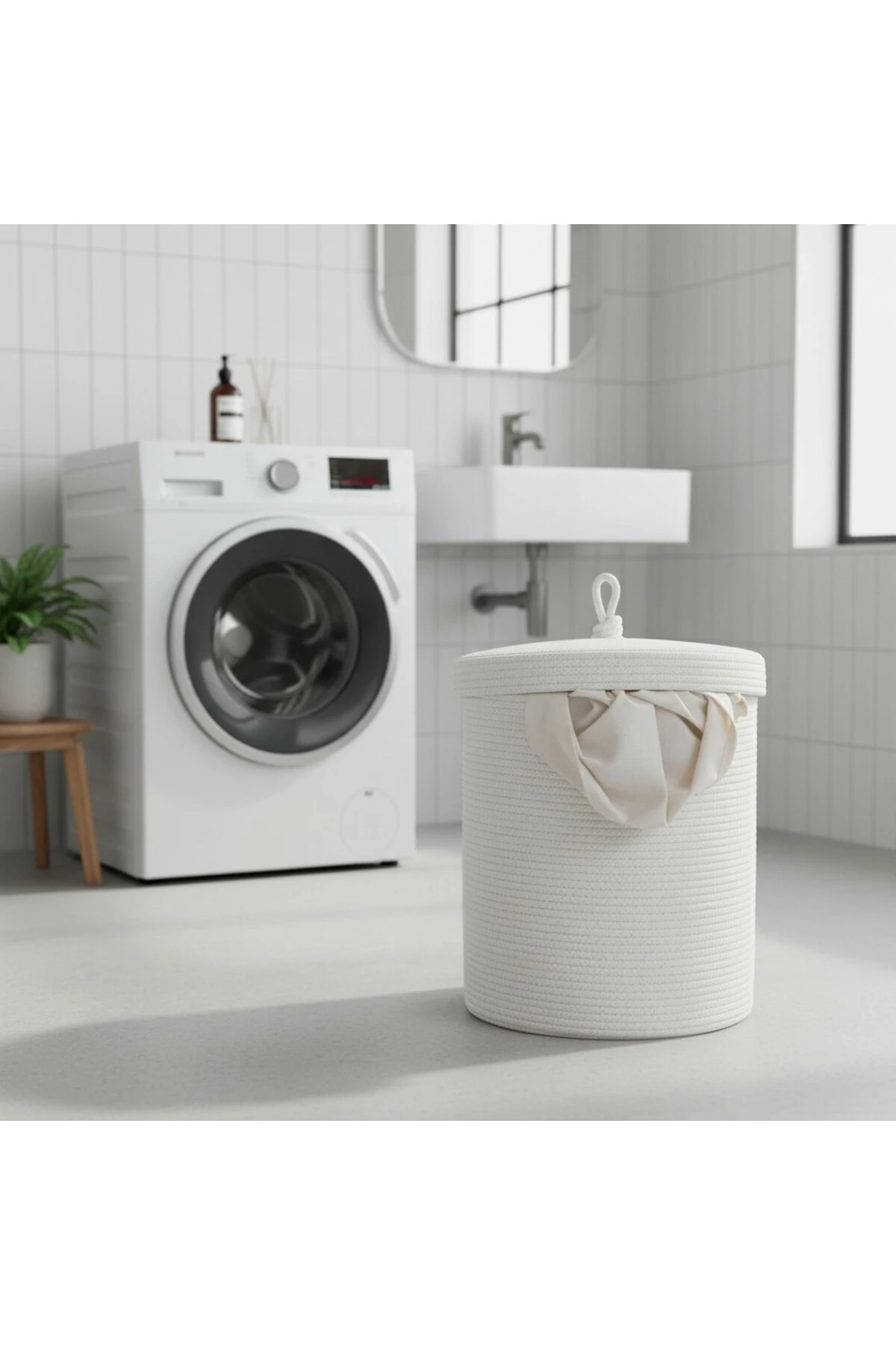 Jüt Kapaklı Hasır Kirli Çamaşır Sepeti Beyaz | Oyuncak, Banyo Organizeri | 35x40 Cm