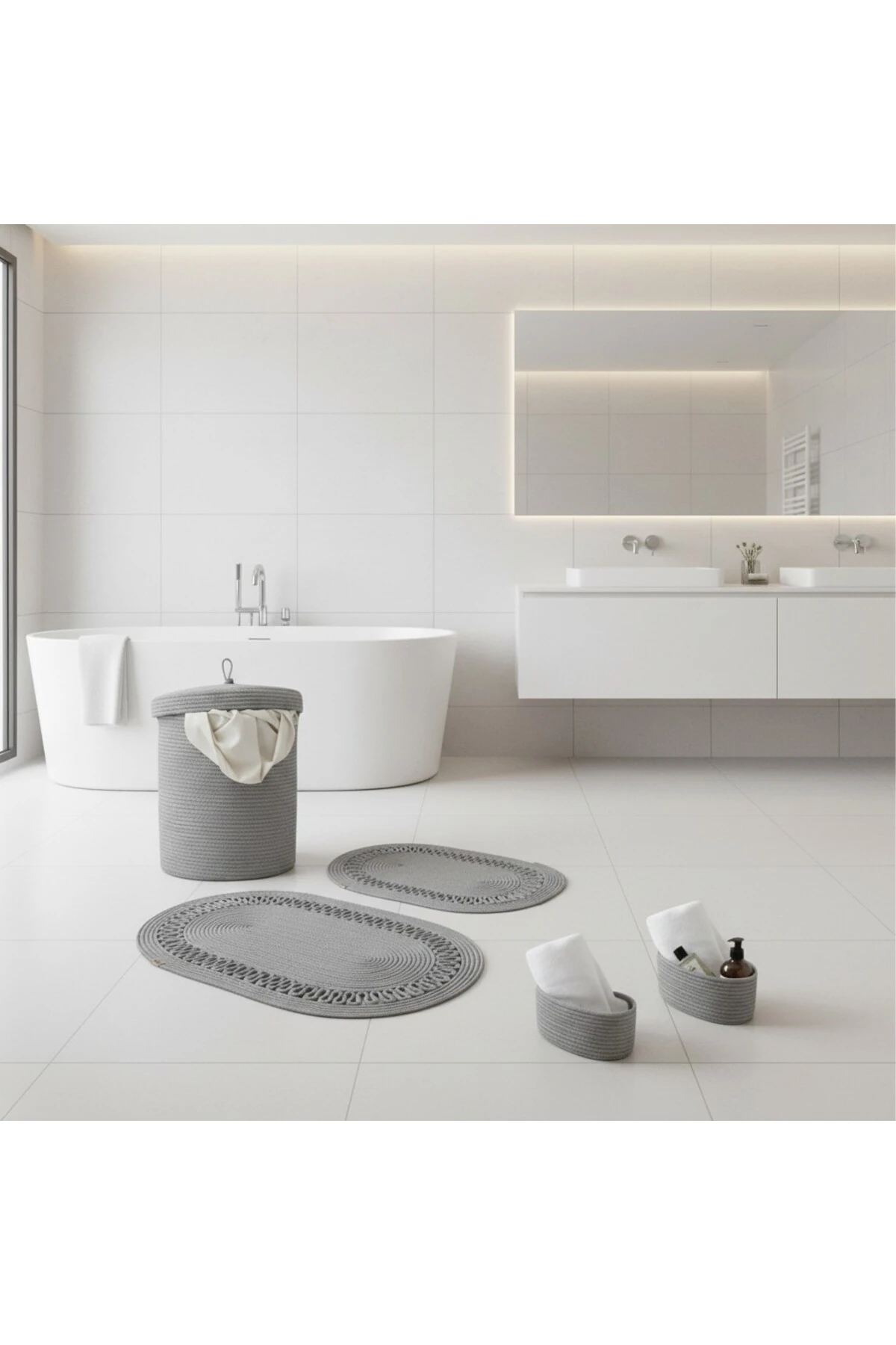 Hasır / Jüt 5 Parça Gri Trikotlu Banyo Paspas Takımı | Kirli Sepeti | Oval Sepetler