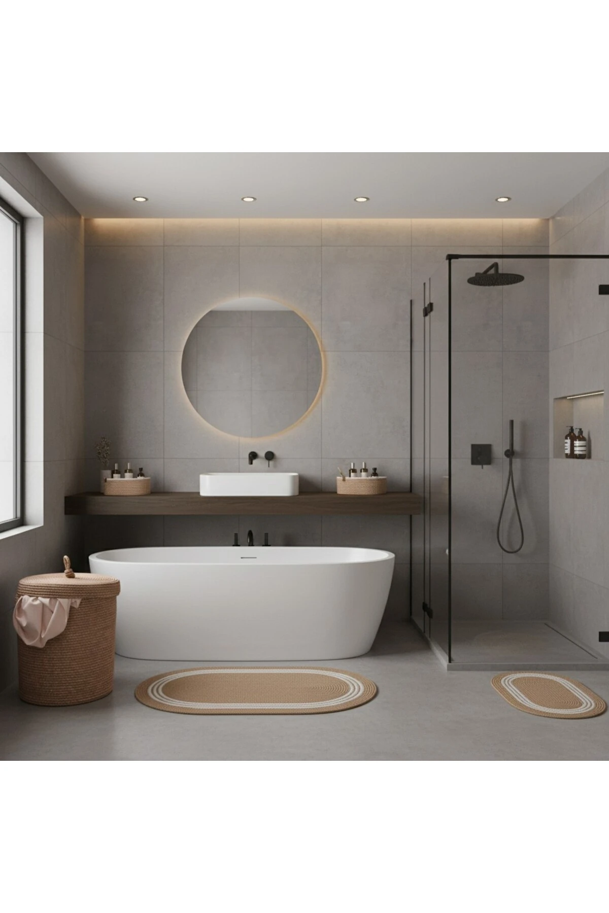 Hasır / Jüt 5 Parça Beyaz Çizgili Banyo Paspas Takımı | Kirli Sepeti | Oval Sepetler