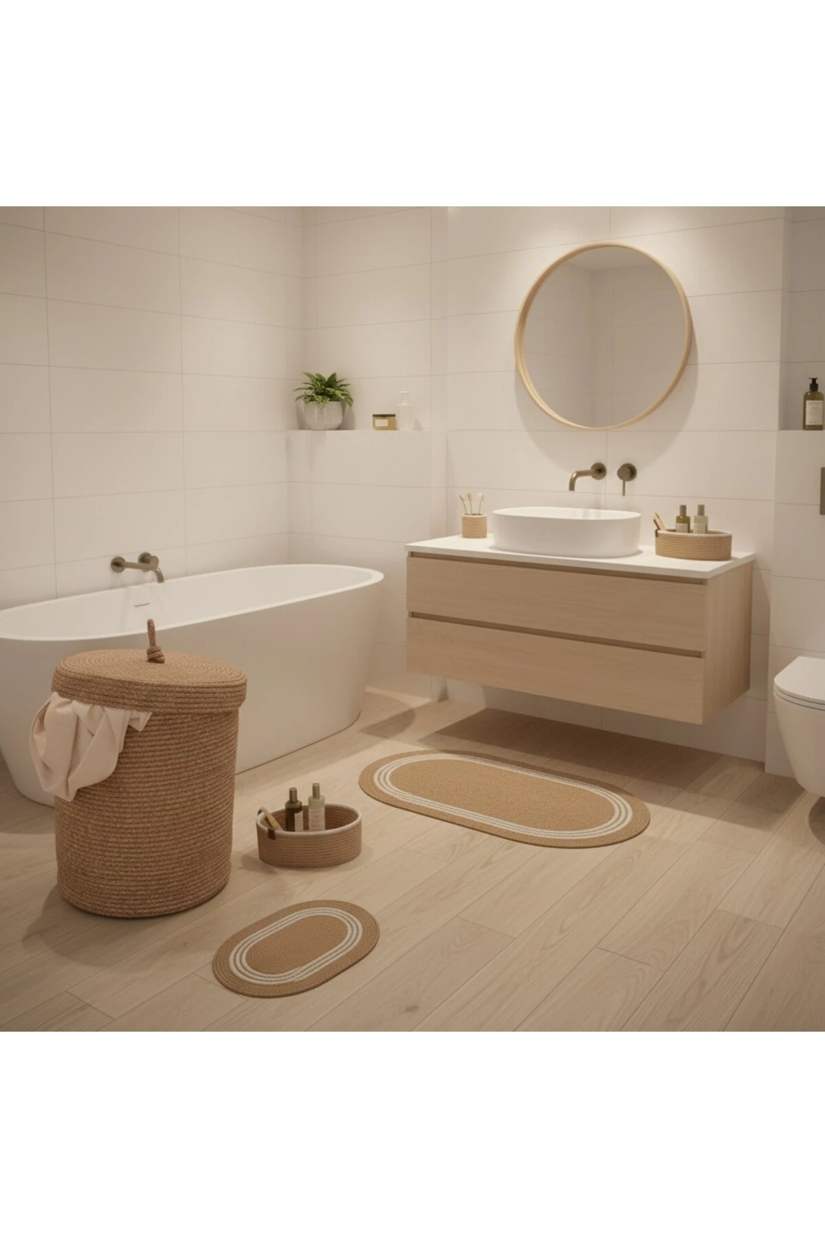 Hasır / Jüt 5 Parça Beyaz Çizgili Banyo Paspas Takımı | Kirli Sepeti | Oval Sepetler