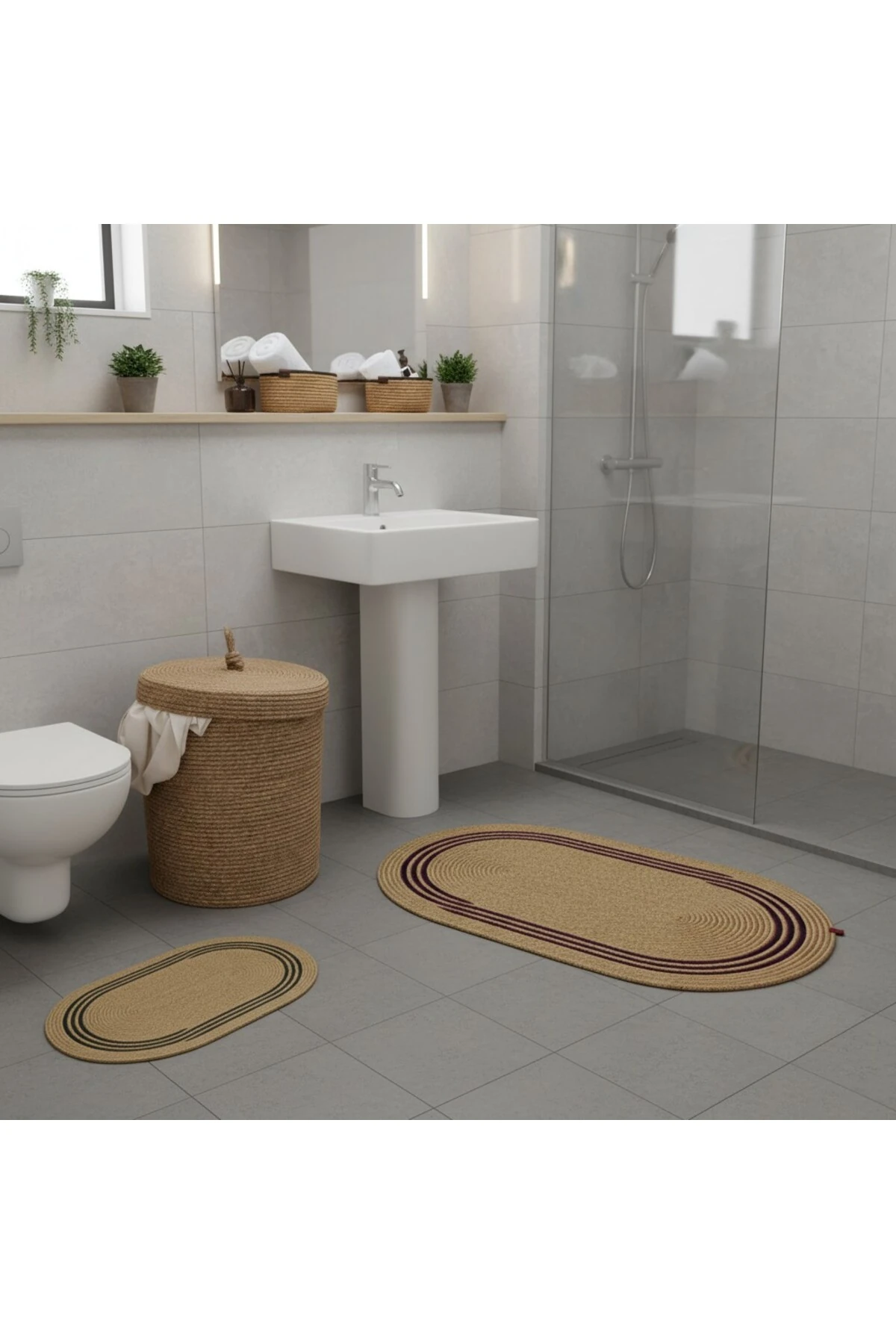 Hasır / Jüt 5 Parça Siyah Çizgili Banyo Paspas Takımı | Kirli Sepeti | Oval Sepetler