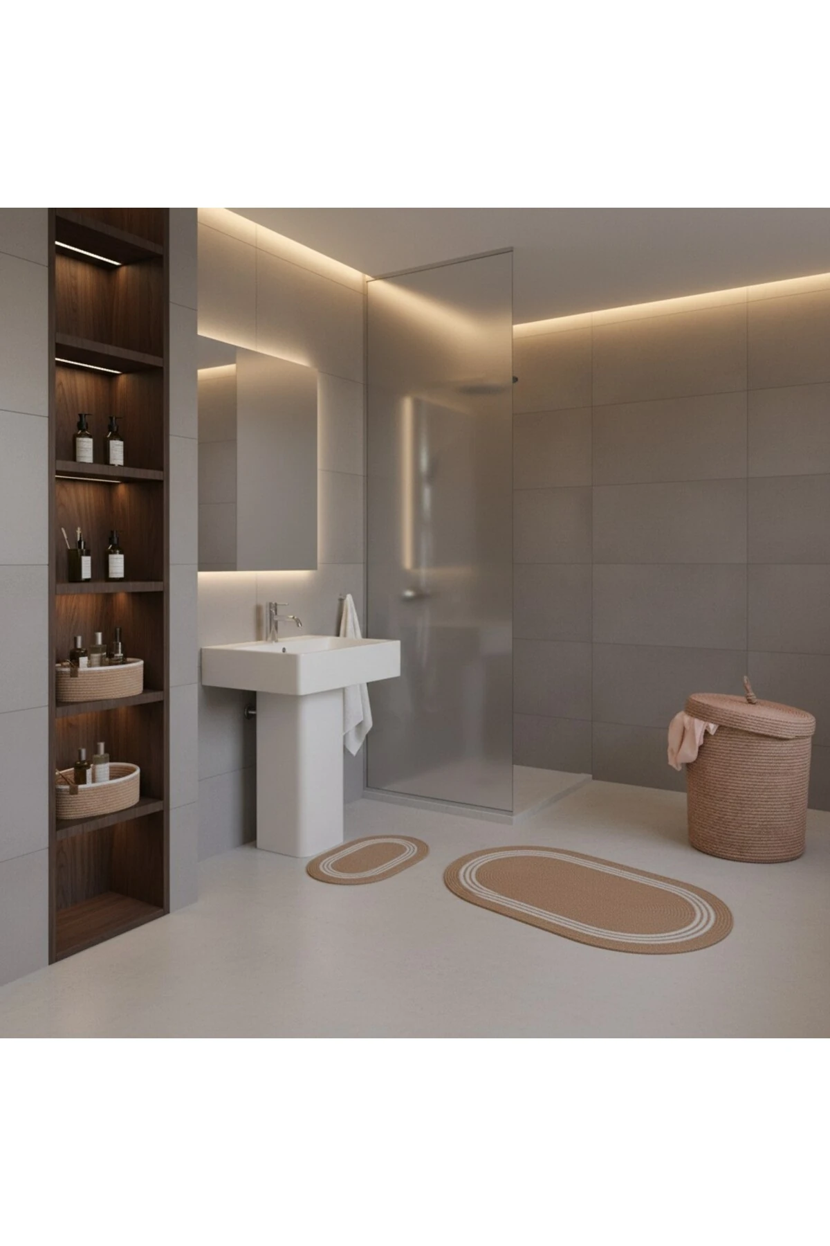 Hasır / Jüt 5 Parça Beyaz Çizgili Banyo Paspas Takımı | Kirli Sepeti | Oval Sepetler