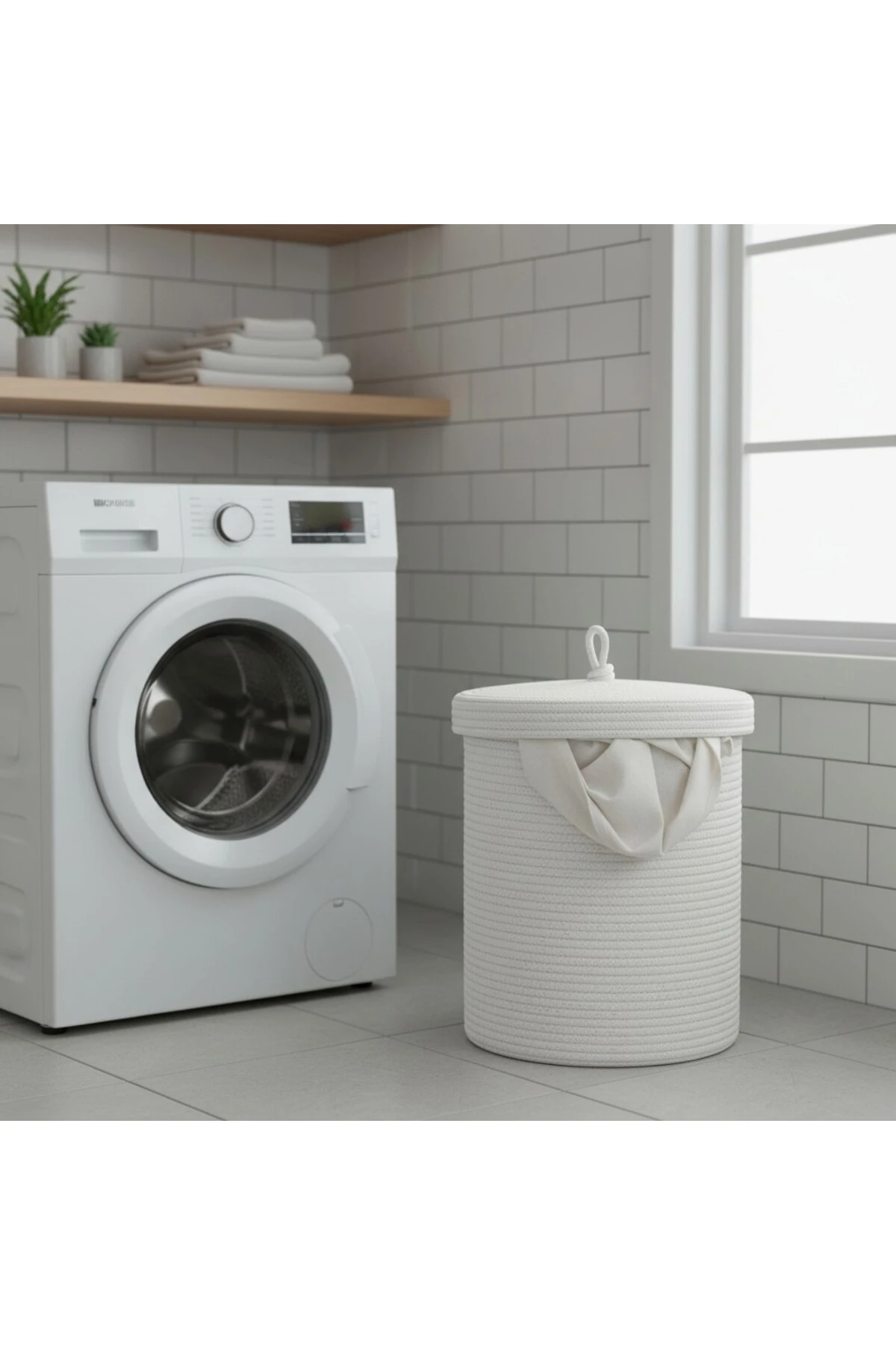 Jüt Kapaklı Hasır Kirli Çamaşır Sepeti Beyaz | Oyuncak, Banyo Organizeri | 35x40 Cm