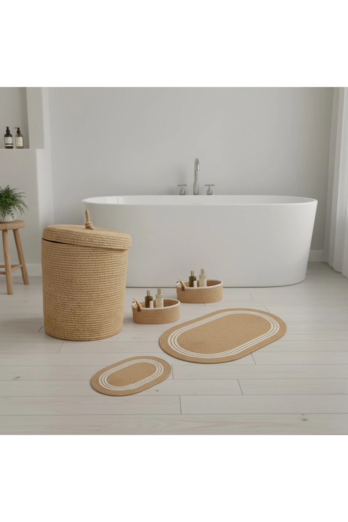 Hasır / Jüt 5 Parça Beyaz Çizgili Banyo Paspas Takımı | Kirli Sepeti | Oval Sepetler