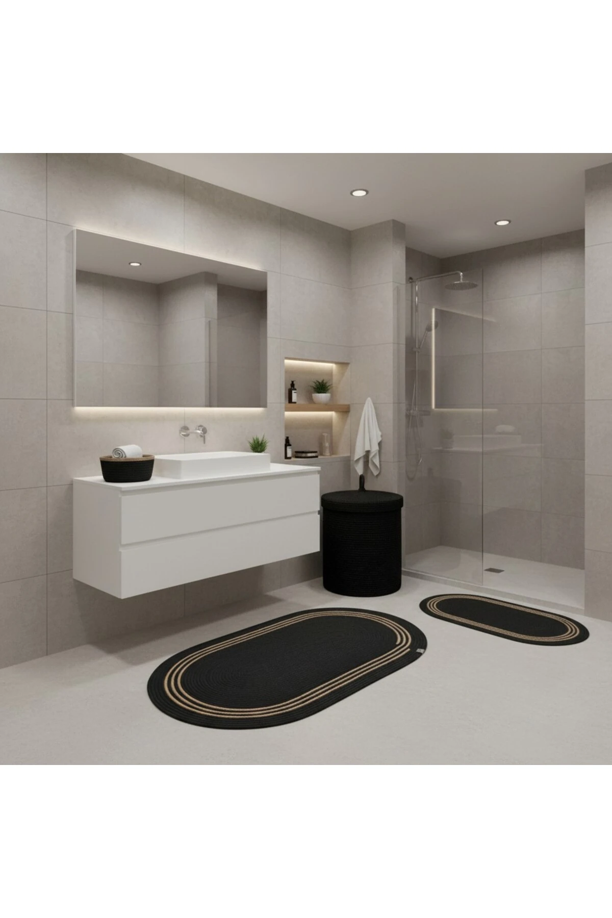 Hasır / Jüt 5 Parça Hasır Çizgili Banyo Paspas Takımı | Kirli Sepeti | Oval Sepetler