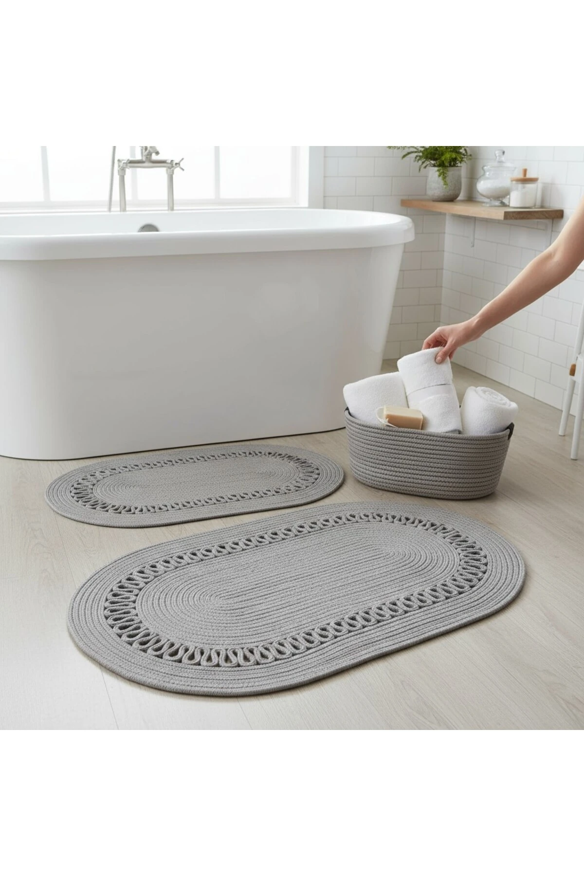 Gri Hasır / Jüt 4 Parça Trikotlu Banyo Paspas Takımı | Oval Sepet, Paspas Ve Dekor Seti