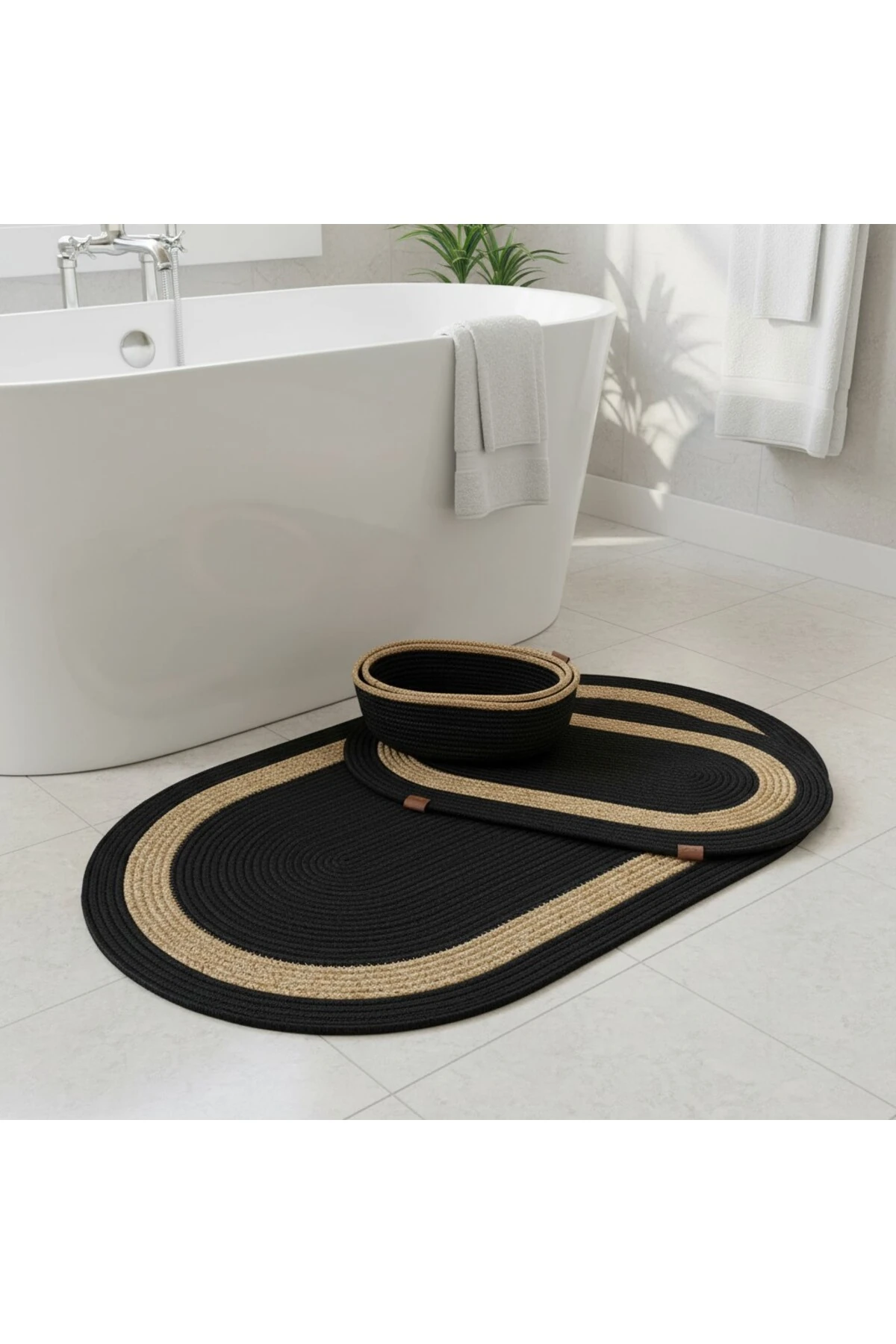 Siyah Hasır / Jüt 4 Parça Hasır Şeritli Banyo Paspas Takımı | Oval Sepet, Paspas Ve Dekor Seti
