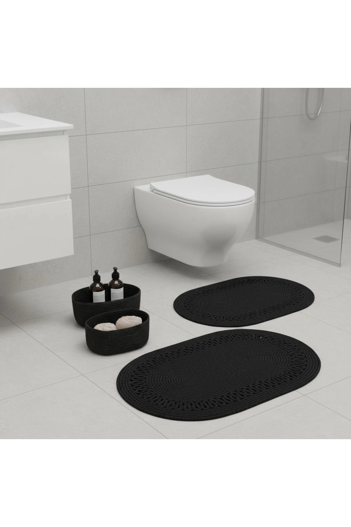 Siyah Hasır / Jüt 4 Parça Trikotlu Banyo Paspas Takımı | Oval Sepet, Paspas Ve Dekor Seti