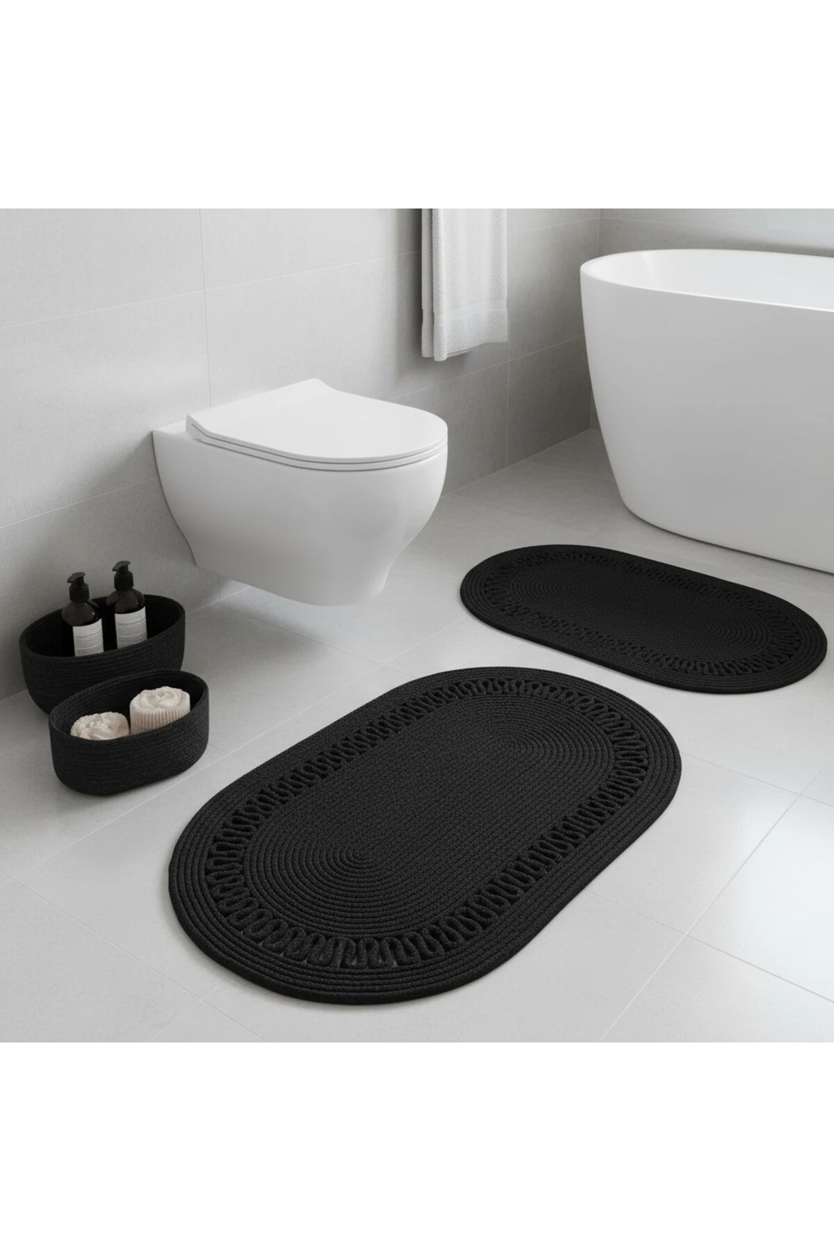 Siyah Hasır / Jüt 4 Parça Trikotlu Banyo Paspas Takımı | Oval Sepet, Paspas Ve Dekor Seti