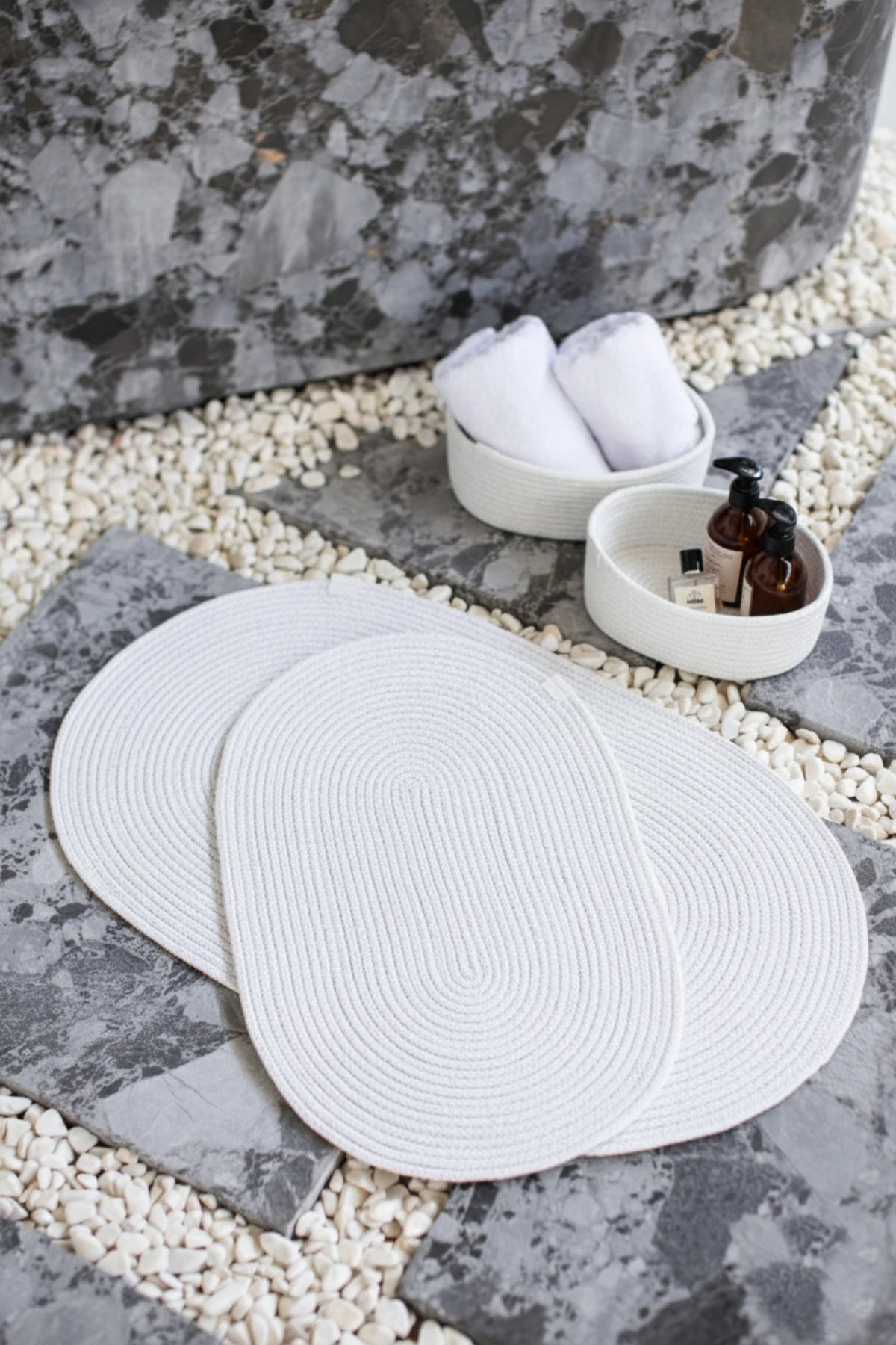 Beyaz Hasır / Jüt 4 Parça Banyo Paspas Takımı | Oval Sepet, Paspas Ve Dekor Seti