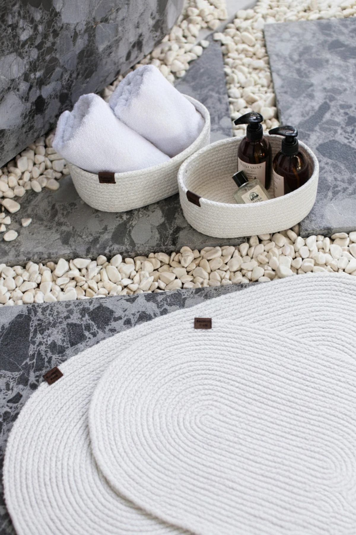 Beyaz Hasır / Jüt 4 Parça Banyo Paspas Takımı | Oval Sepet, Paspas Ve Dekor Seti