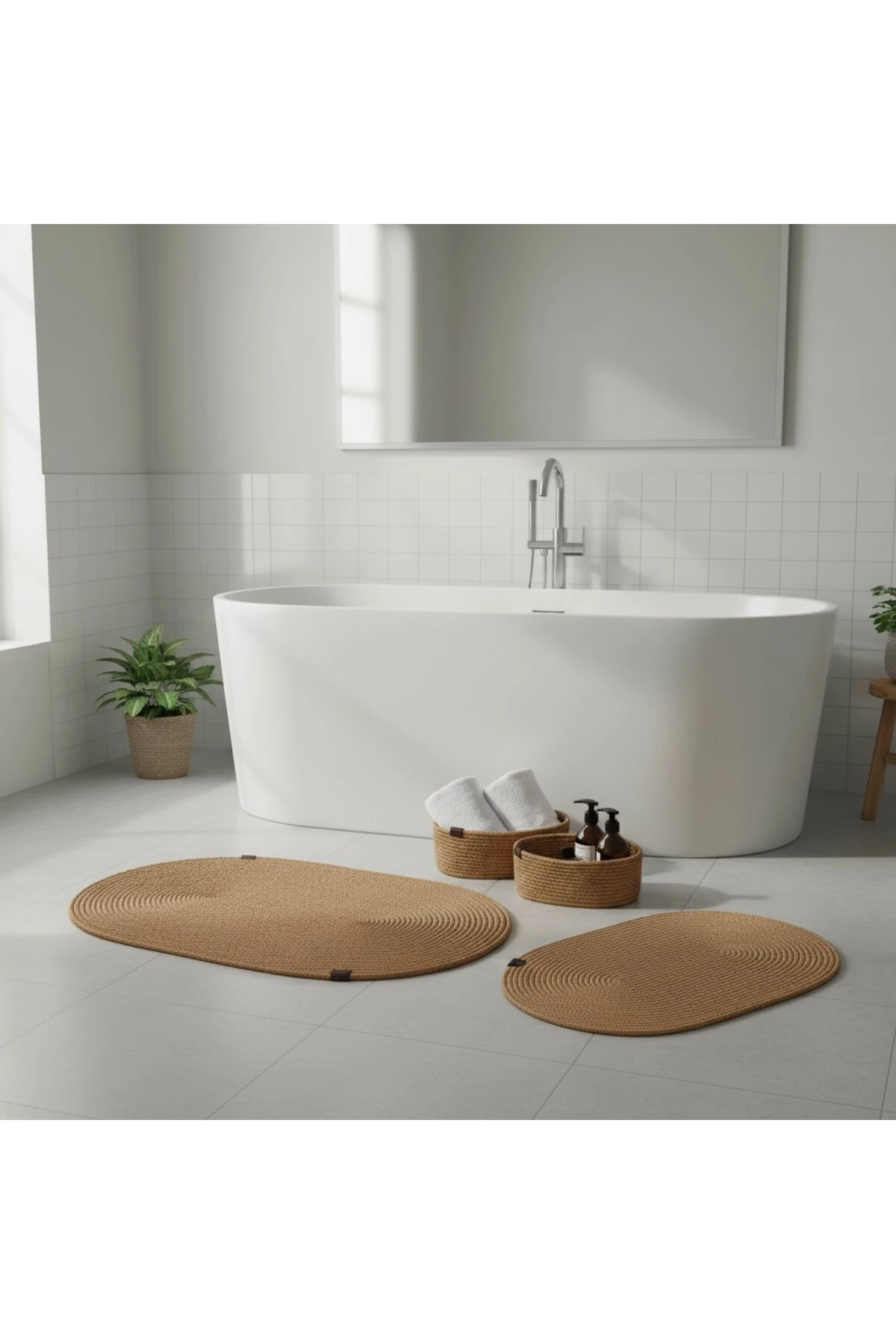 Hasır / Jüt 4 Parça Banyo Paspas Takımı | Oval Sepet, Paspas Ve Dekor Seti