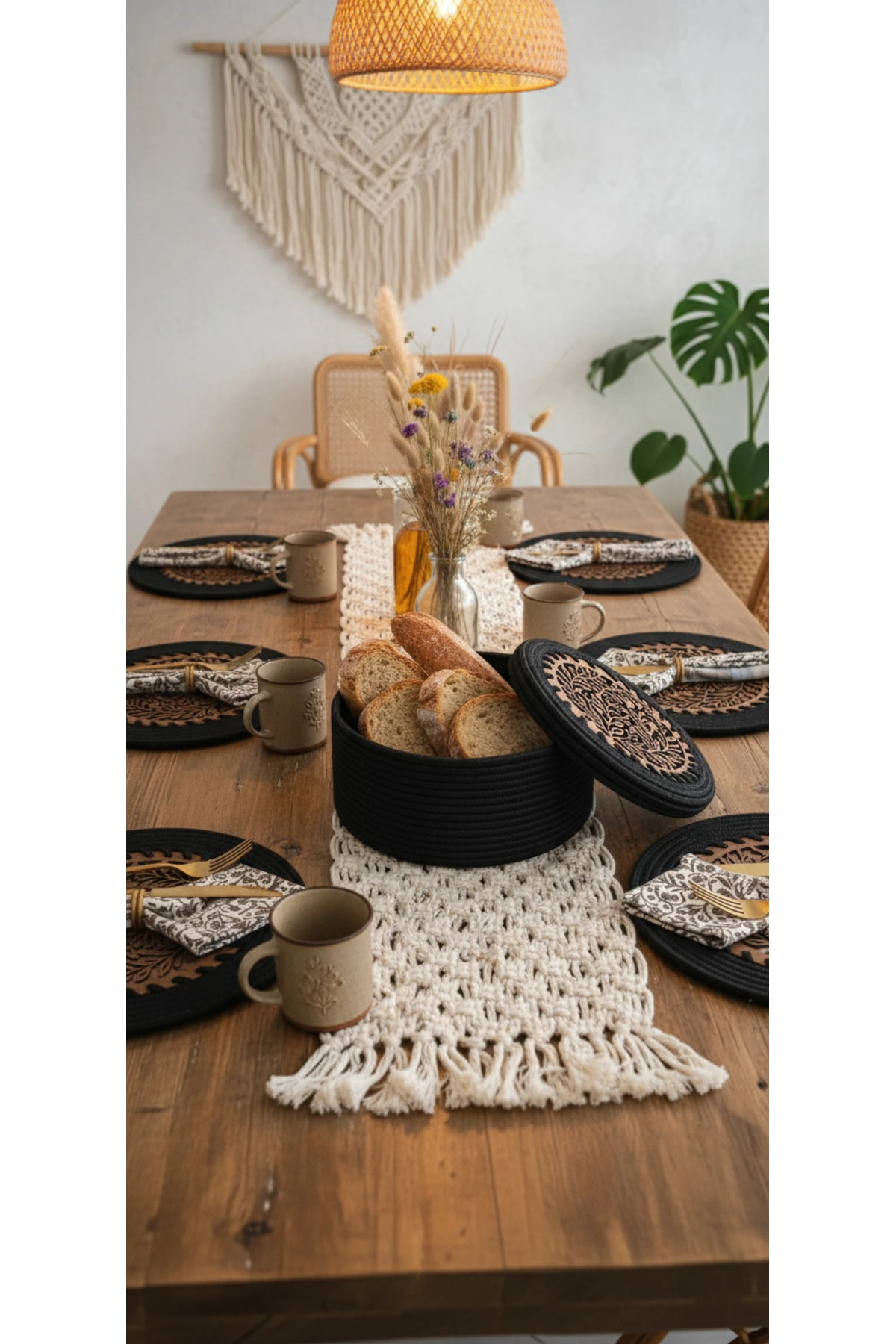 4 lü Ahşap Detaylı Jüt Supla Takımı ve Ekmek Sepeti / Şık Özel Tasarım / Comfort Table Mat