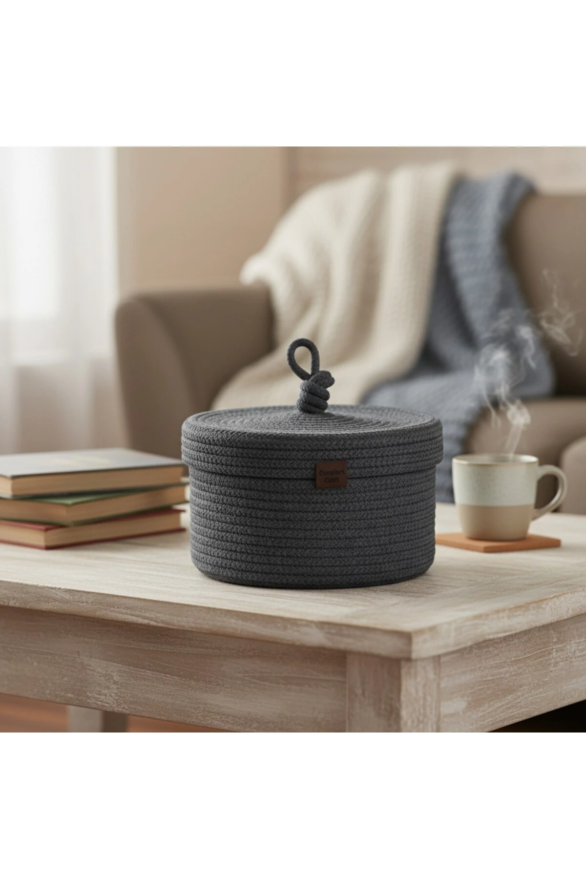 Jüt Kapaklı Yuvarlak Sepet | El Dokuma, Hasır, Çok Amaçlı Organizer | 25x15 Cm