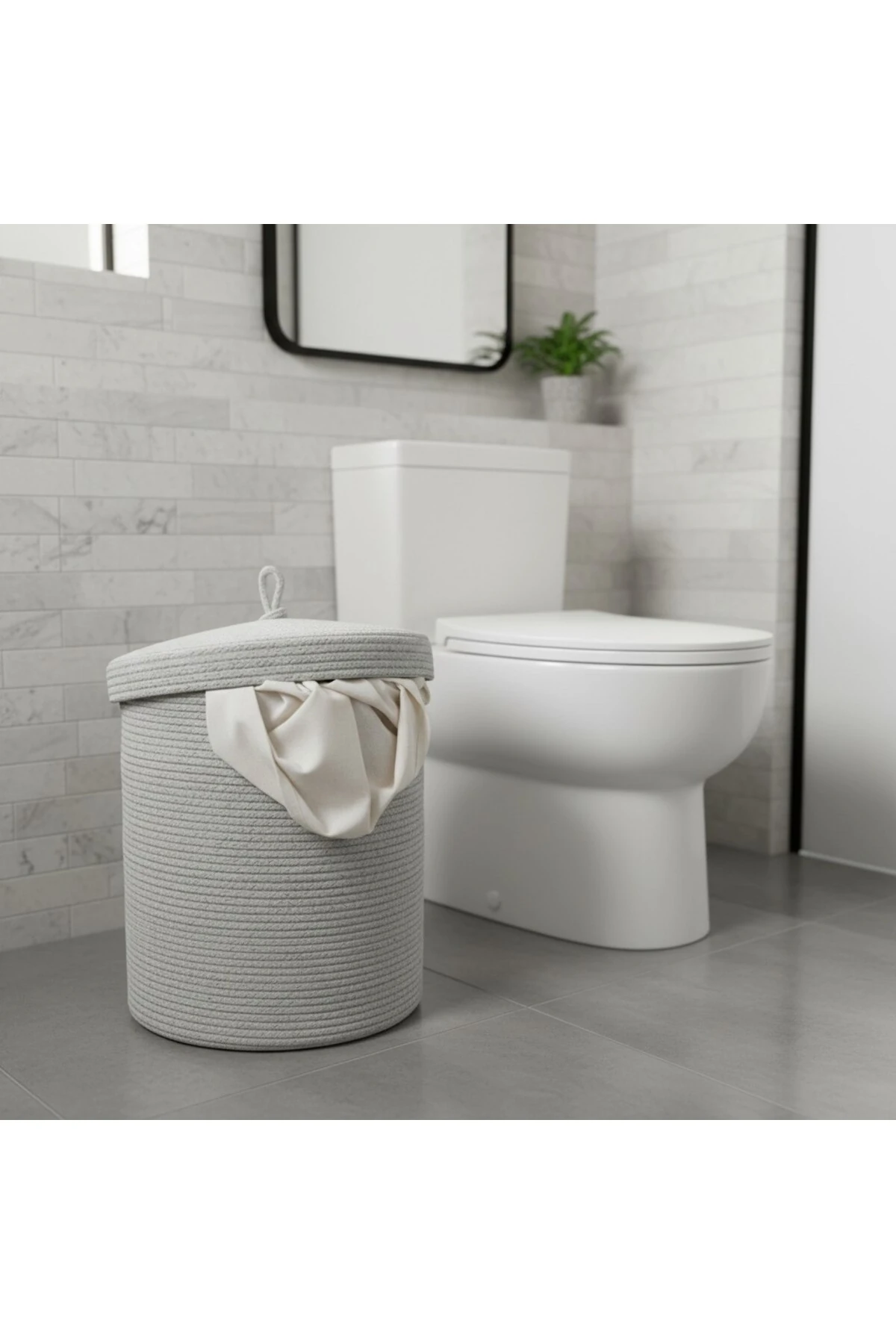 Jüt Kapaklı Hasır Kirli Çamaşır Sepeti Gri | Oyuncak, Banyo Organizeri | 35x40 Cm |