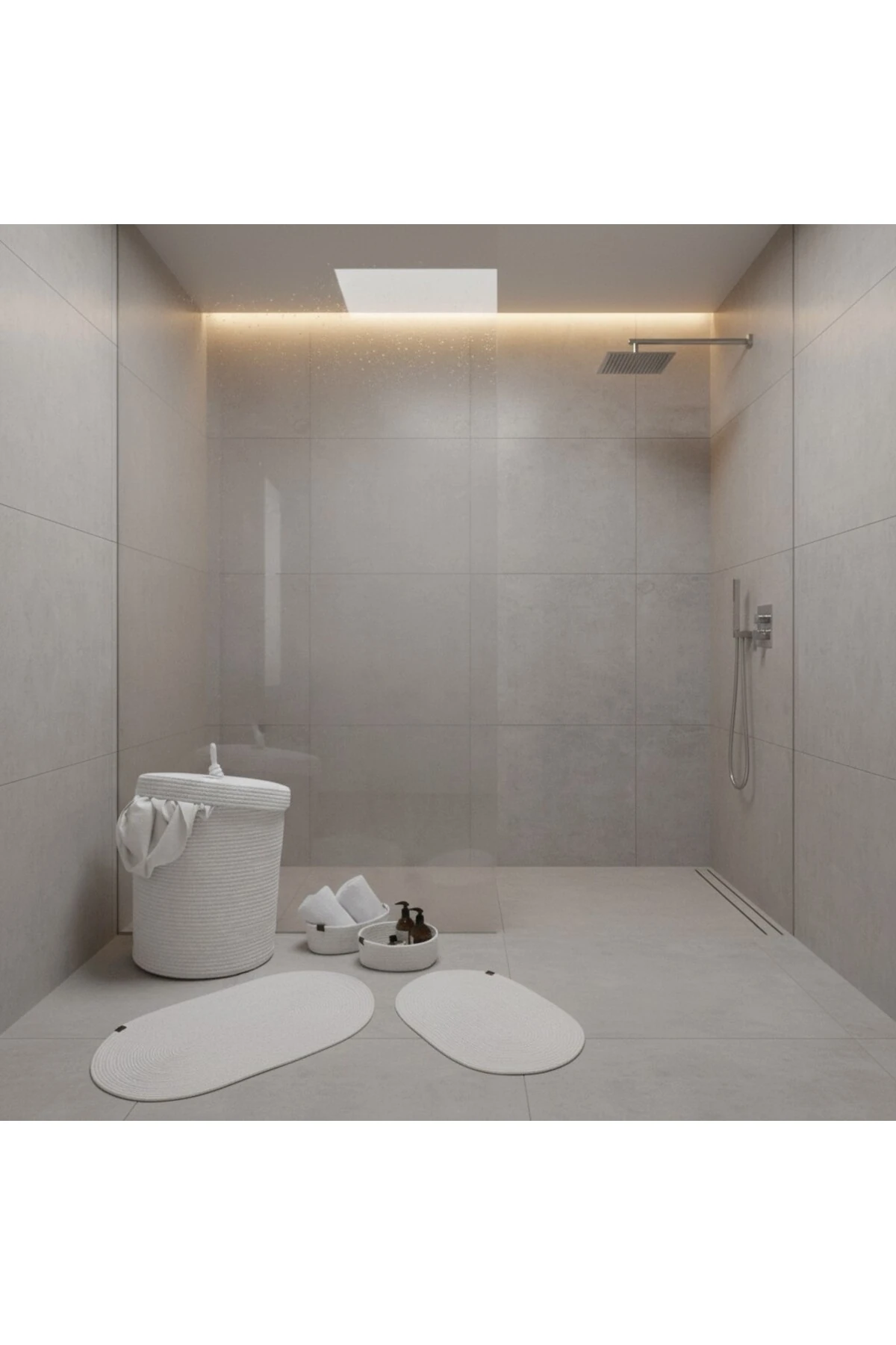 Hasır / Jüt 5 Parça Beyaz Banyo Paspas Takımı | Kirli Sepeti | Oval Sepetler