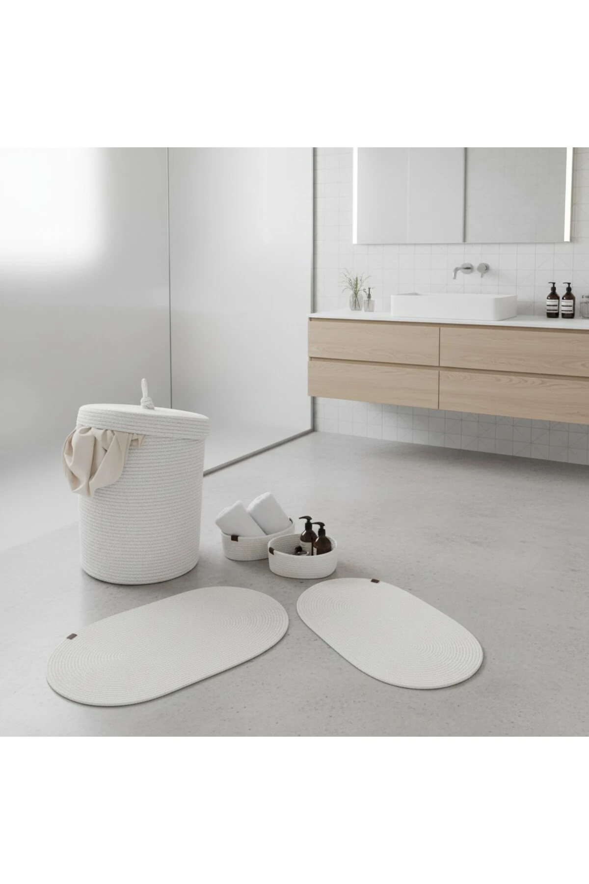 Hasır / Jüt 5 Parça Beyaz Banyo Paspas Takımı | Kirli Sepeti | Oval Sepetler