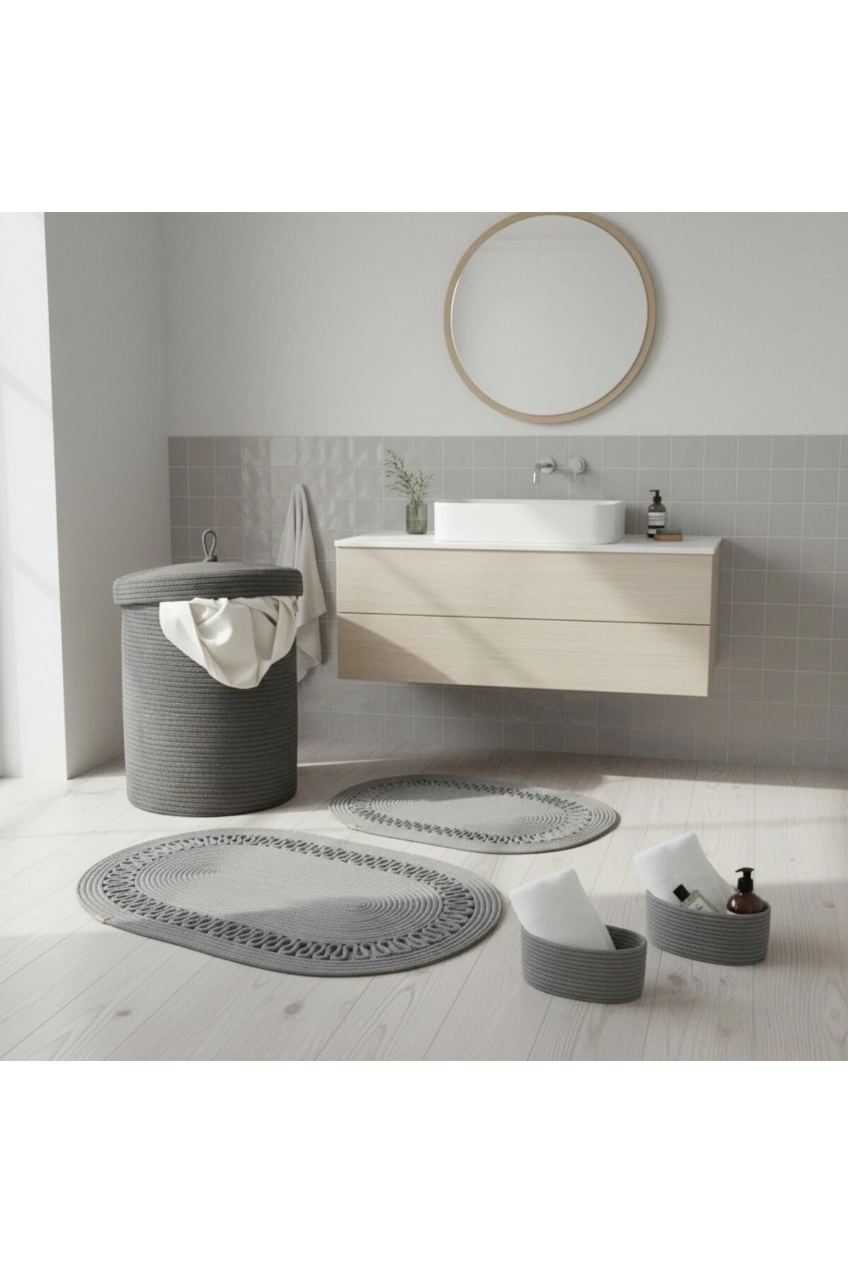 Hasır / Jüt 5 Parça Gri Trikotlu Banyo Paspas Takımı | Kirli Sepeti | Oval Sepetler