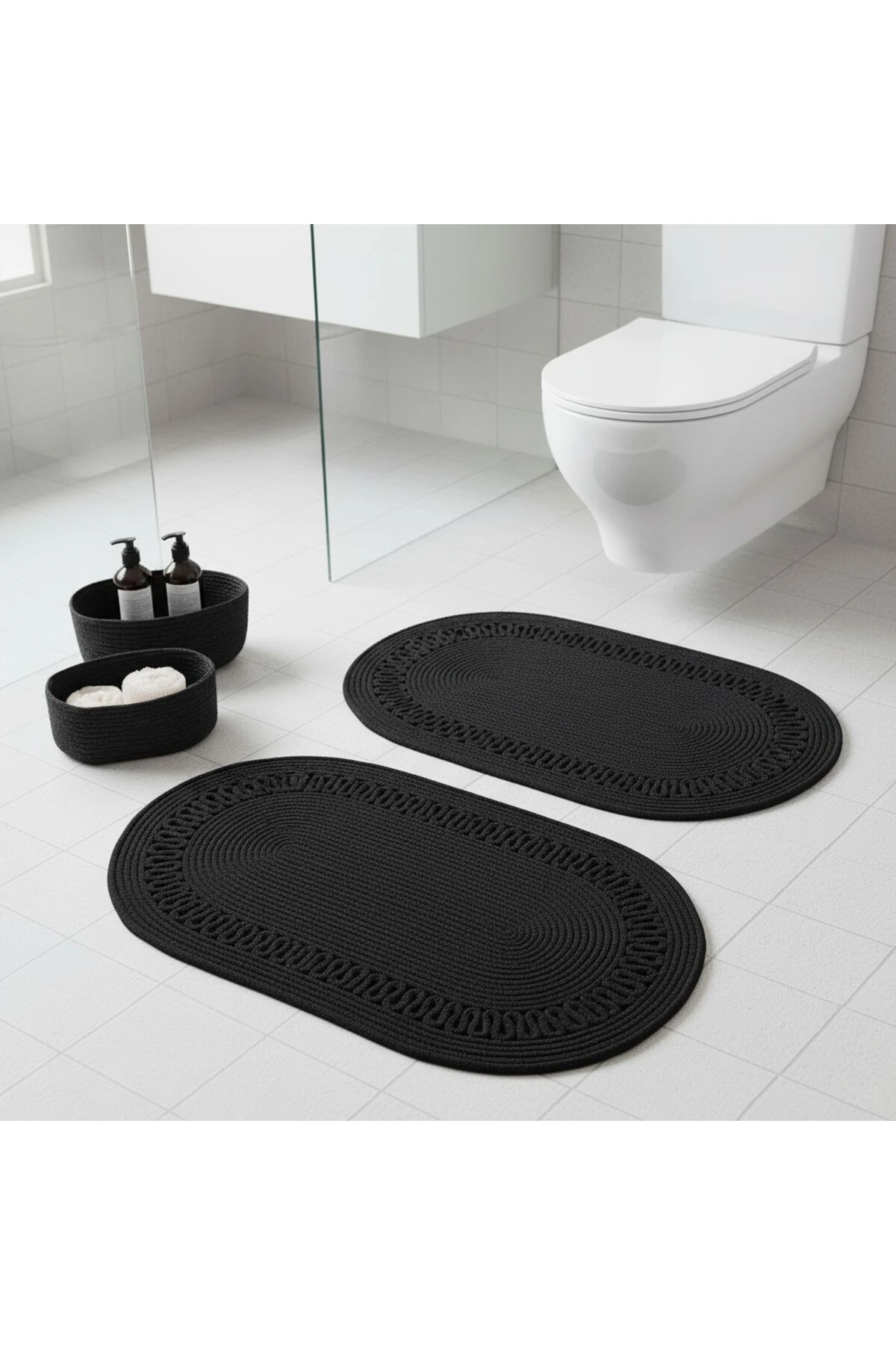 Siyah Hasır / Jüt 4 Parça Trikotlu Banyo Paspas Takımı | Oval Sepet, Paspas Ve Dekor Seti