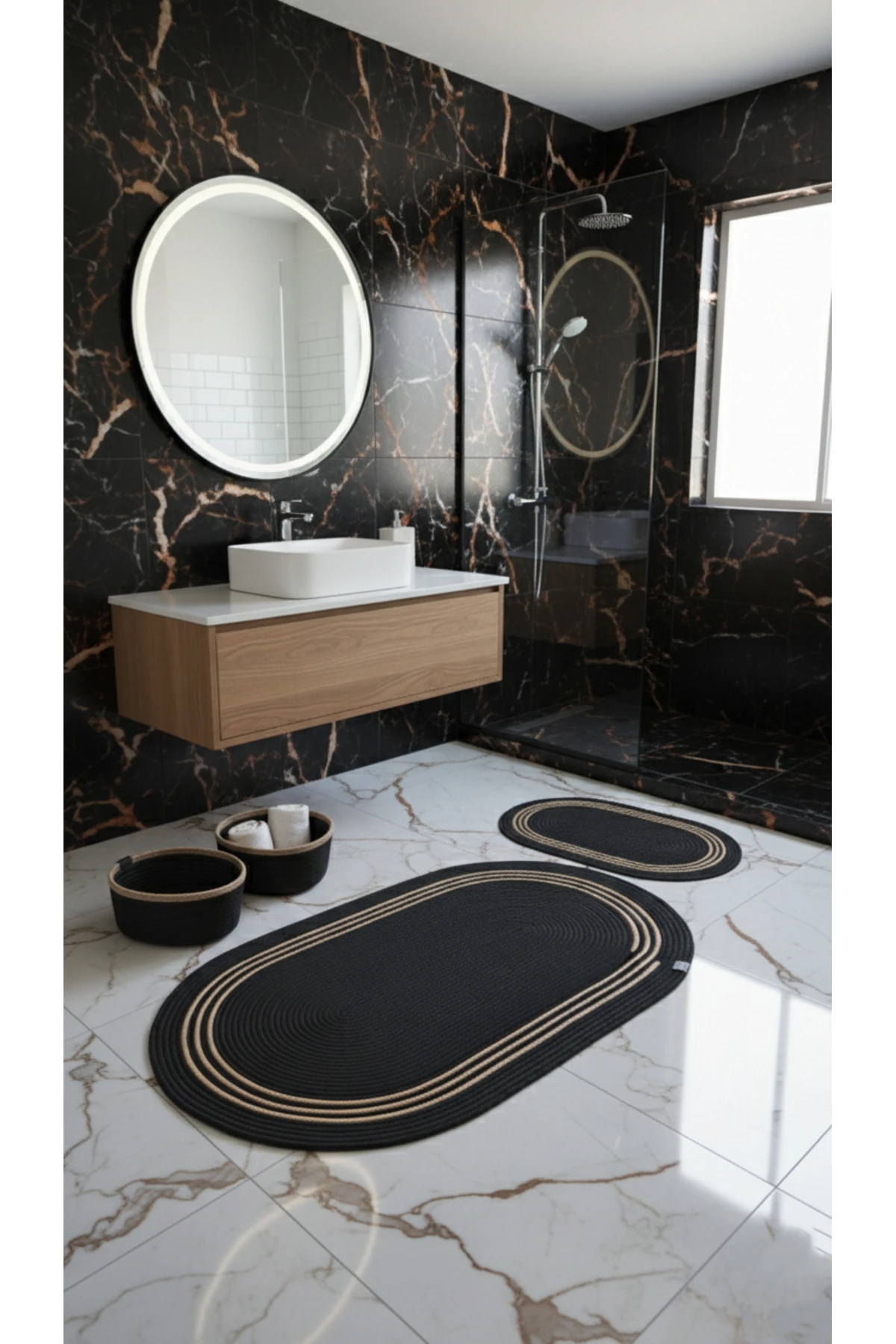 Siyah Hasır Çizgili / Jüt 4 Parça Çizgili Banyo Paspas Takımı | Oval Sepet, Paspas Ve Dekor Seti