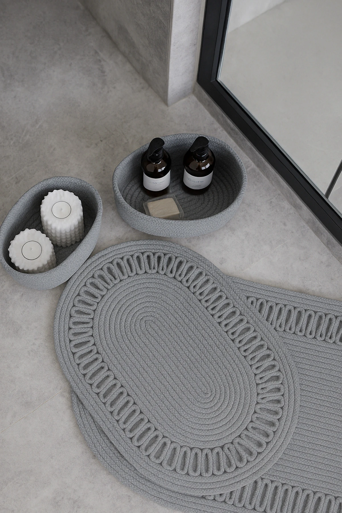 Gri Hasır / Jüt 4 Parça Trikotlu Banyo Paspas Takımı | Oval Sepet, Paspas Ve Dekor Seti