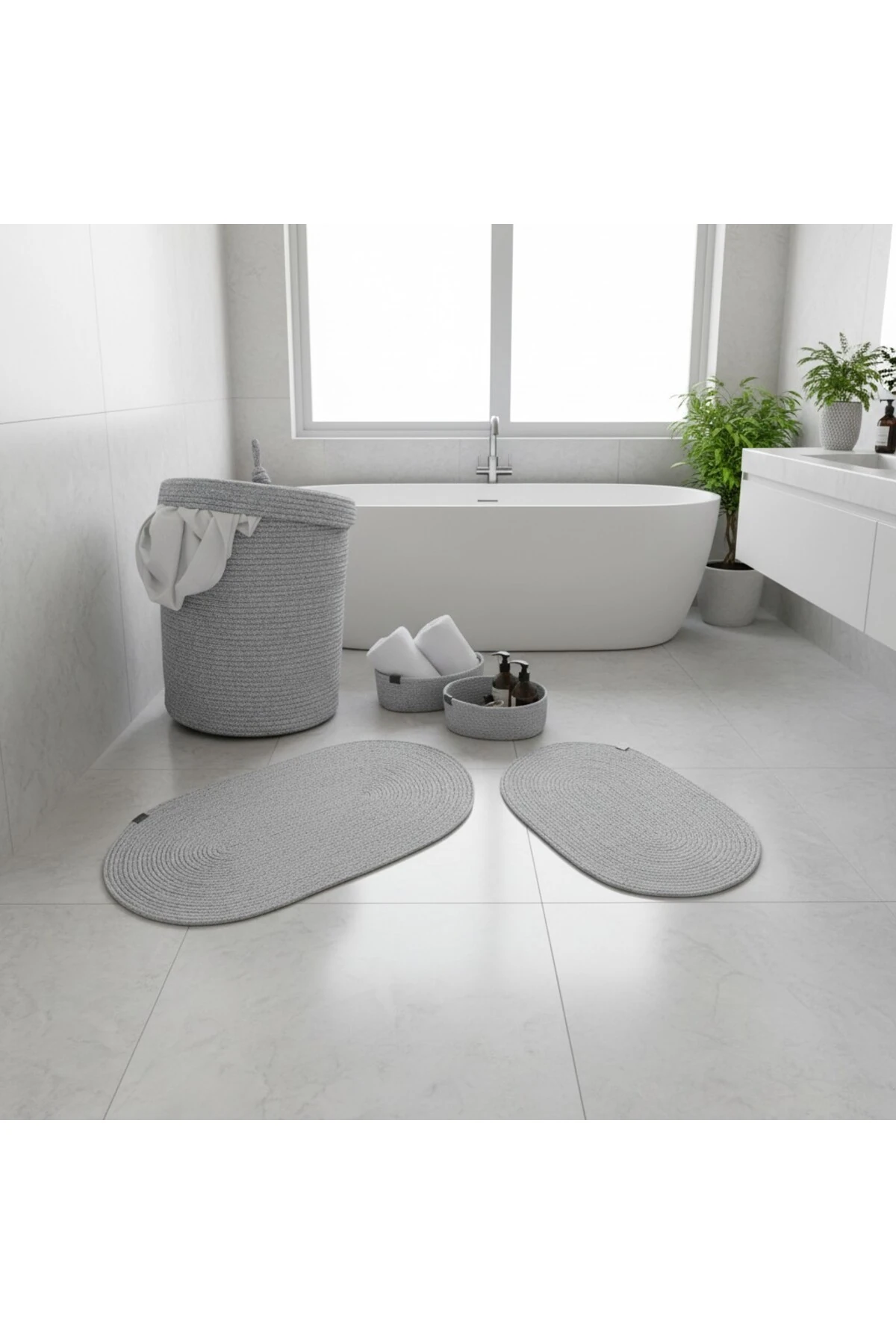 Hasır / Jüt 5 Parça Gri Banyo Paspas Takımı | Kirli Sepeti | Oval Sepetler