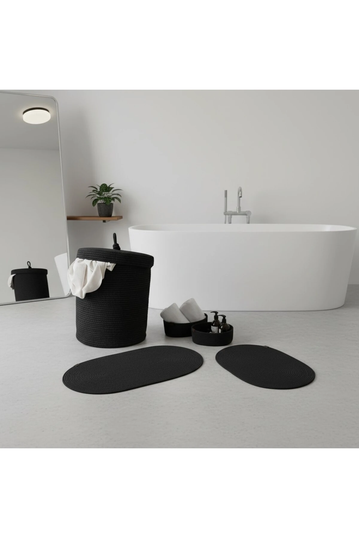 Hasır / Jüt 5 Parça Siyah Banyo Paspas Takımı | Kirli Sepeti | Oval Sepetler
