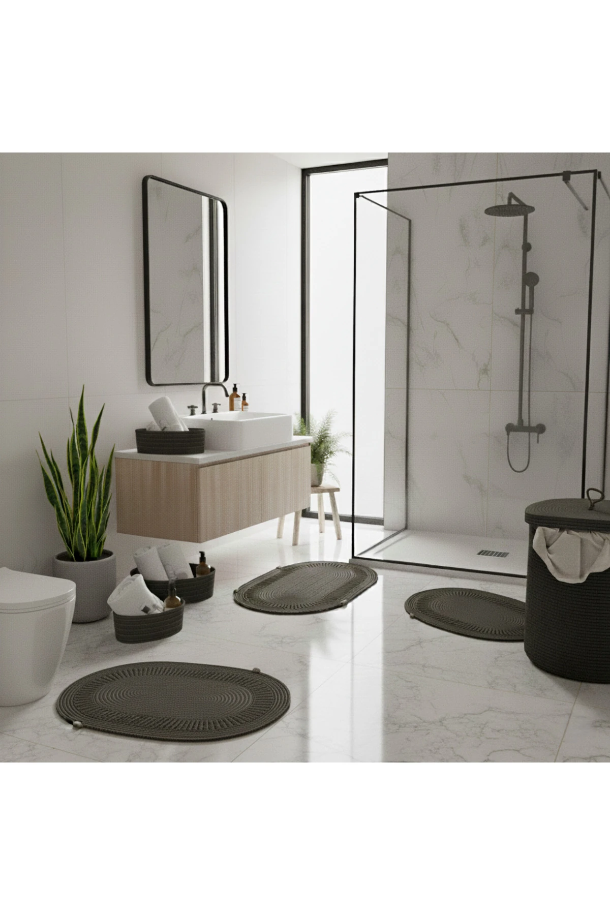 Hasır / Jüt 5 Parça Antrasit Trikotlu Banyo Paspas Takımı | Kirli Sepeti | Oval Sepetler