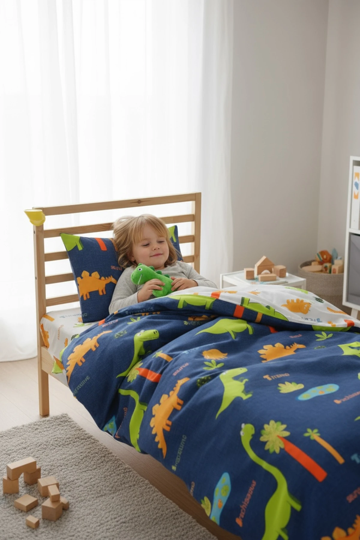 Kolay Ütülenir Nevresim Takımı Tek Kişilik Dinolar Lacivert