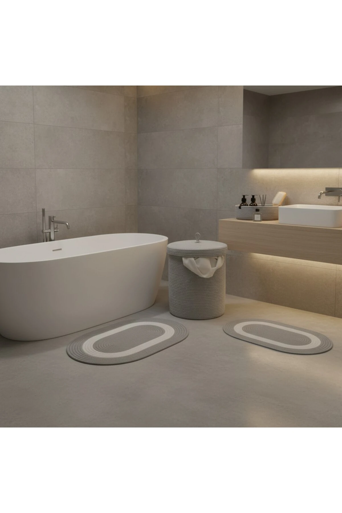 Hasır / Jüt 5 Parça Gri Beyaz Şeritli Banyo Paspas Takımı | Kirli Sepeti | Oval Sepetler