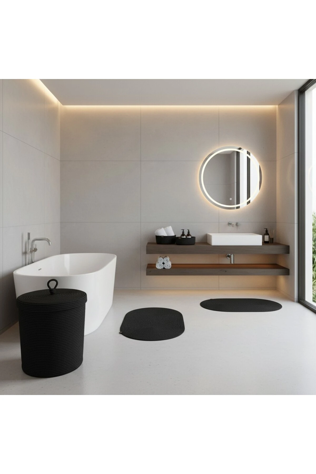 Hasır / Jüt 5 Parça Siyah Banyo Paspas Takımı | Kirli Sepeti | Oval Sepetler