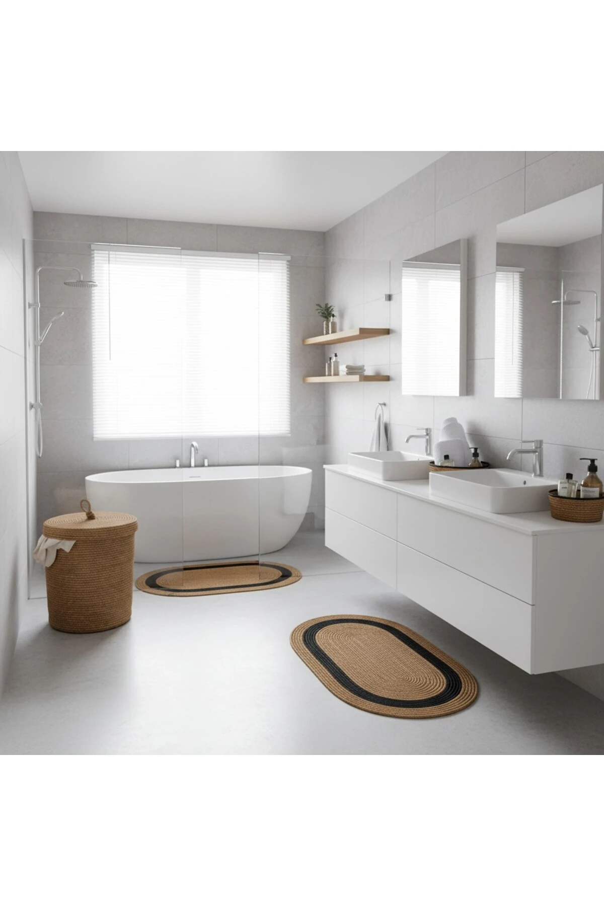 Hasır / Jüt 5 Parça Siyah Şeritli Banyo Paspas Takımı | Kirli Sepeti | Oval Sepetler