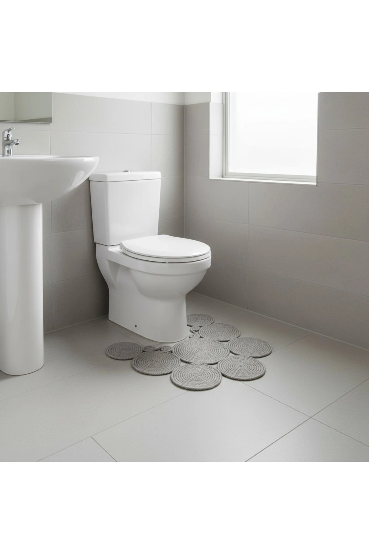 Jüt Hasır Görünümlü | Gri Renk | Çift Taraflı Yıkanabilir Banyo Paspası | Klozet Önü | Leke Tutmaz
