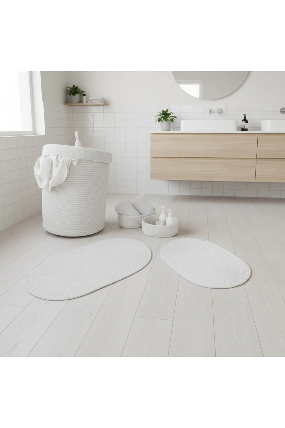 Hasır / Jüt 5 Parça Beyaz Banyo Paspas Takımı | Kirli Sepeti | Oval Sepetler