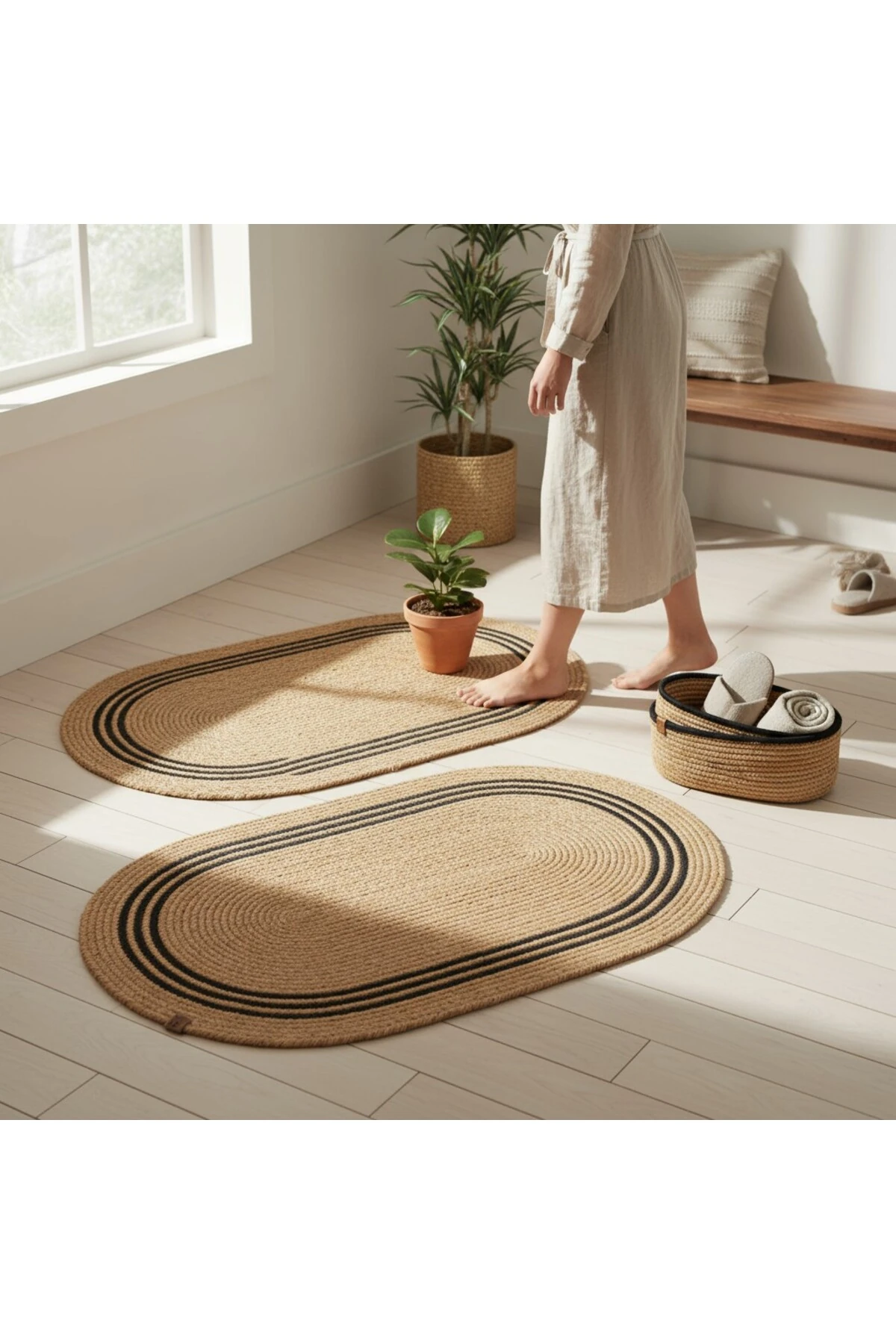 Hasır Siyah Çizgili / Jüt 4 Parça Çizgili Banyo Paspas Takımı | Oval Sepet, Paspas Ve Dekor Seti