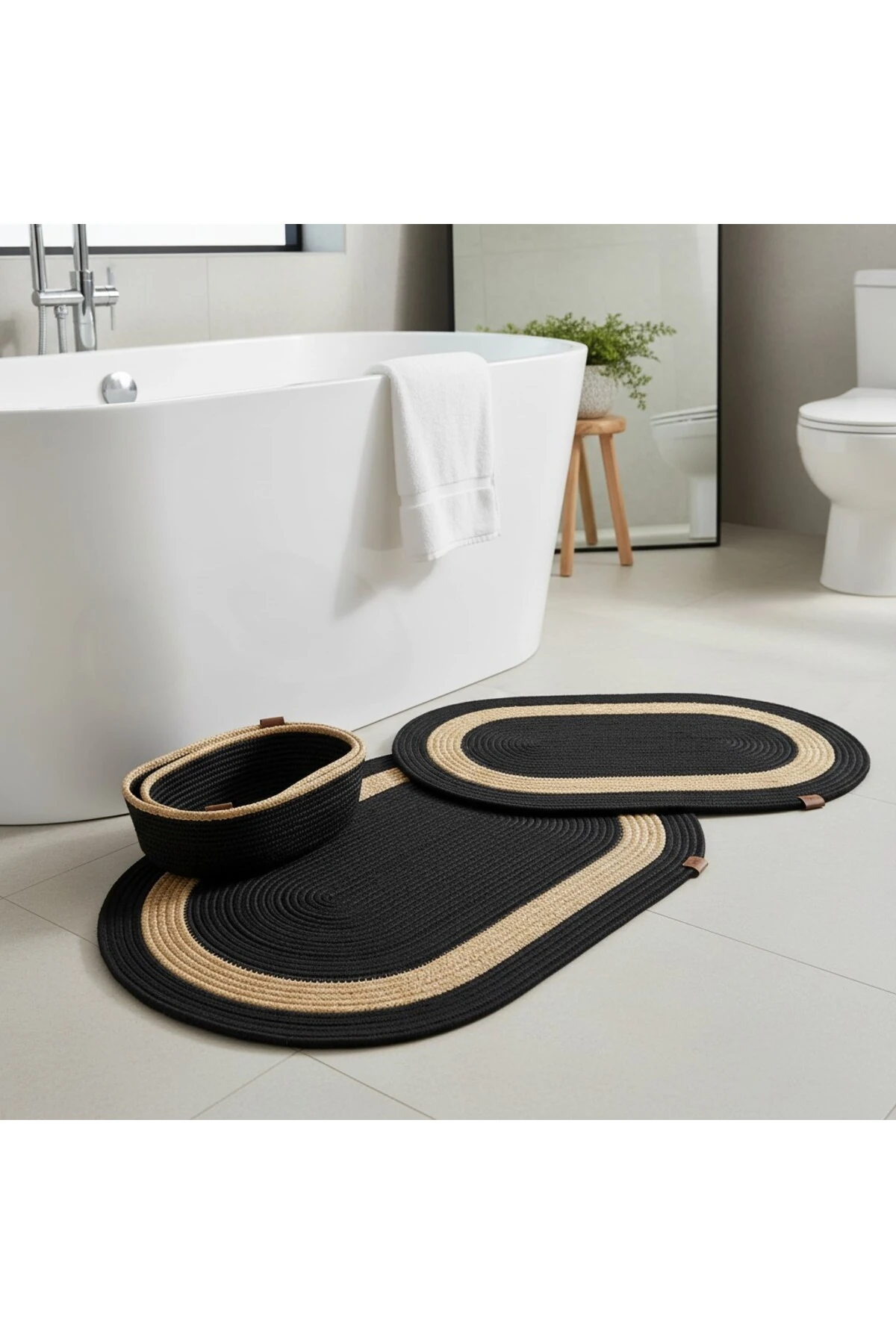 Siyah Hasır / Jüt 4 Parça Hasır Şeritli Banyo Paspas Takımı | Oval Sepet, Paspas Ve Dekor Seti
