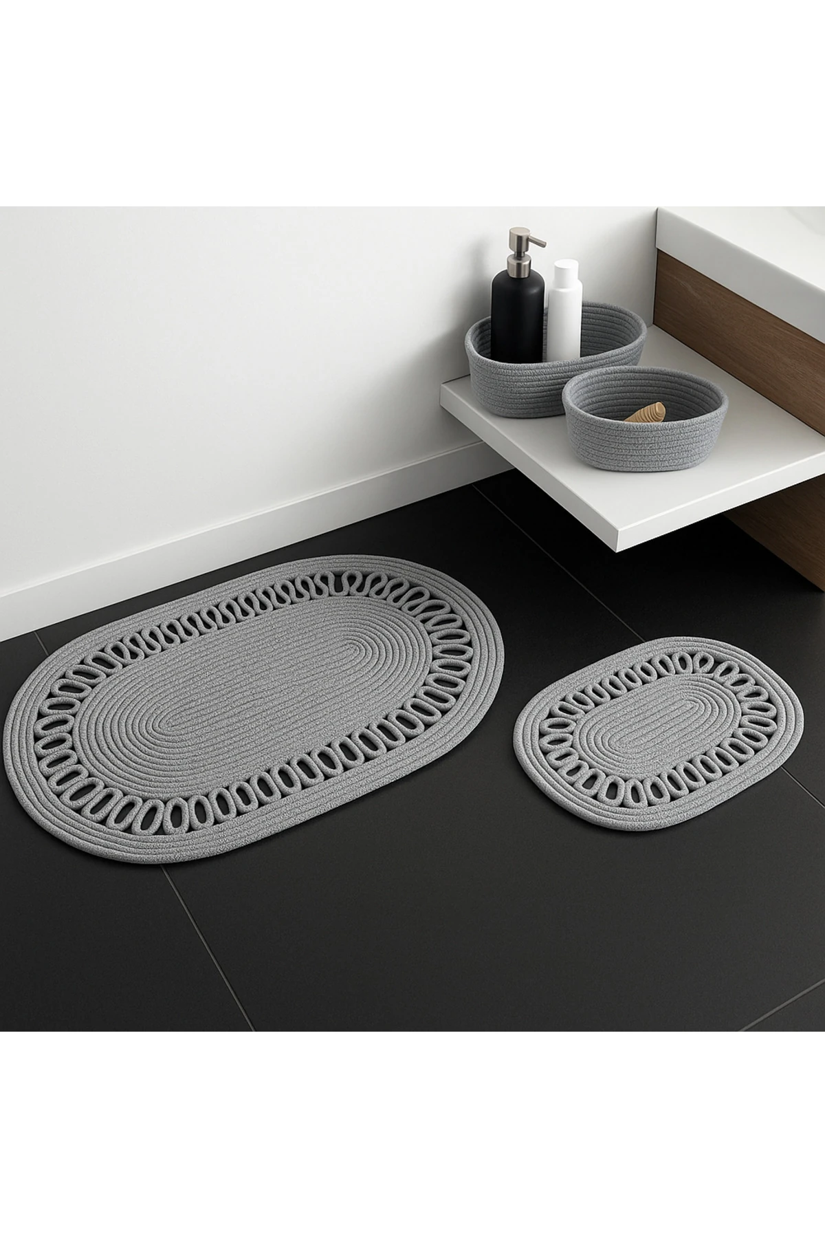 Gri Hasır / Jüt 4 Parça Trikotlu Banyo Paspas Takımı | Oval Sepet, Paspas Ve Dekor Seti