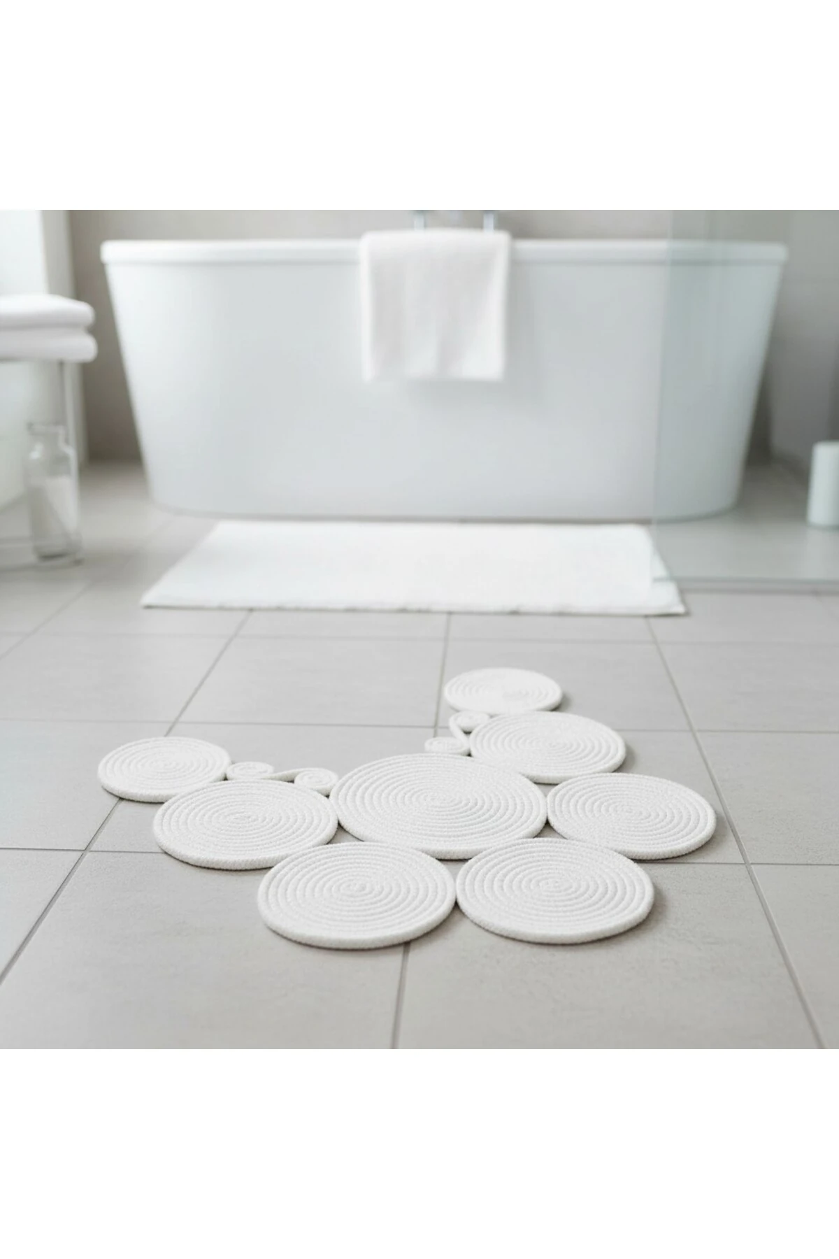Jüt Hasır Görünümlü | Beyaz Renk | Çift Taraflı Yıkanabilir Banyo Paspası | Klozet Önü | Leke Tutmaz