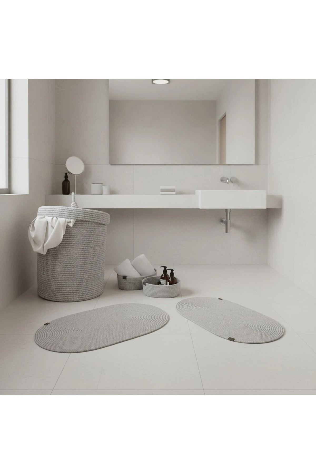 Hasır / Jüt 5 Parça Gri Banyo Paspas Takımı | Kirli Sepeti | Oval Sepetler