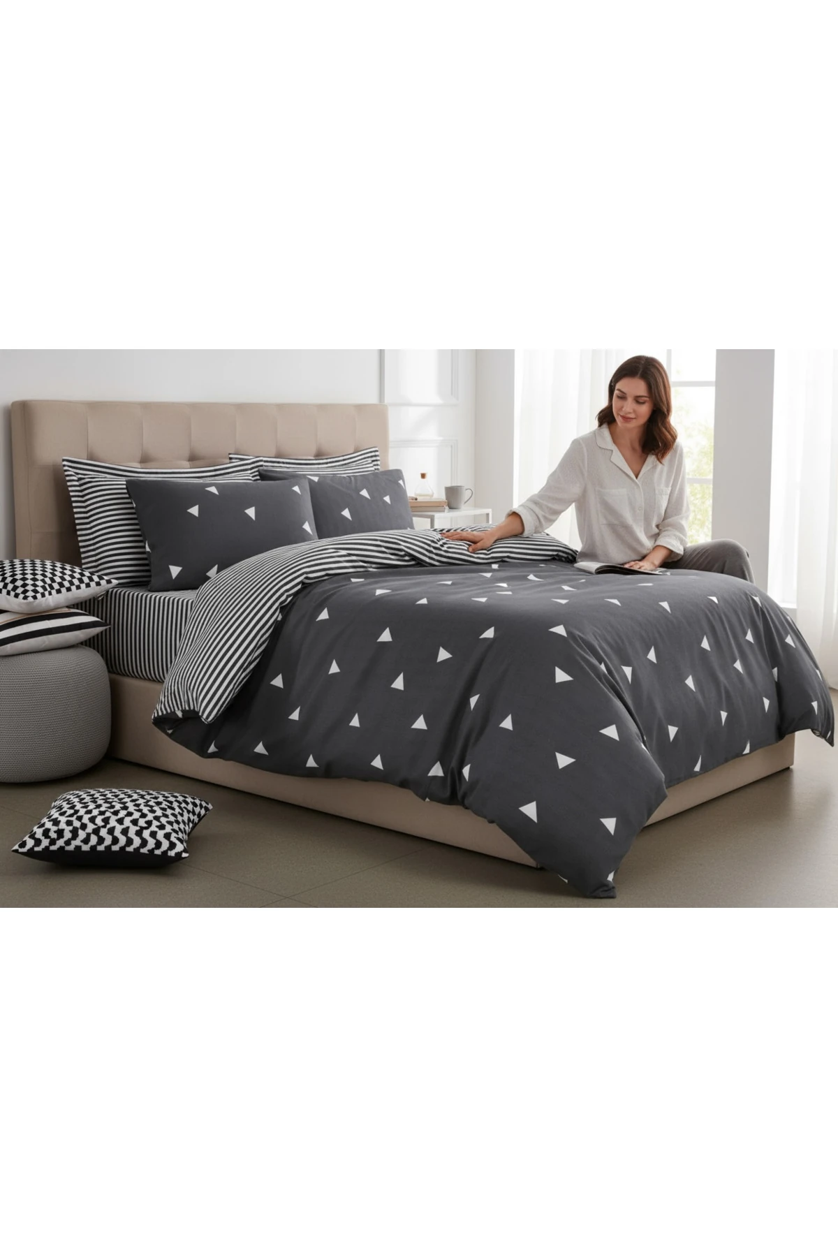 Nevresim Seti Çift Kişilik Mature Üçgen Gri