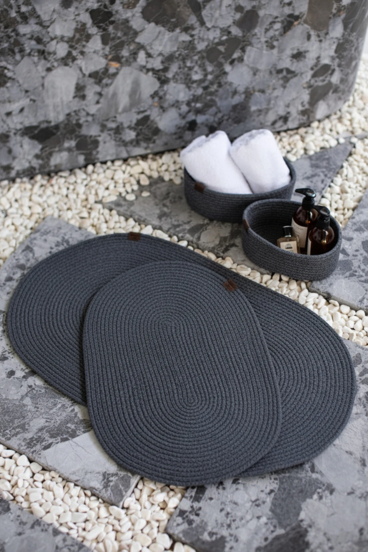 Antrasit Hasır / Jüt 4 Parça Banyo Paspas Takımı | Oval Sepet, Paspas Ve Dekor Seti