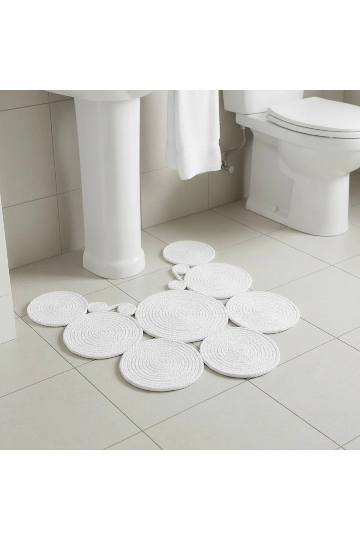 Jüt Hasır Görünümlü | Beyaz Renk | Çift Taraflı Yıkanabilir Banyo Paspası | Klozet Önü | Leke Tutmaz
