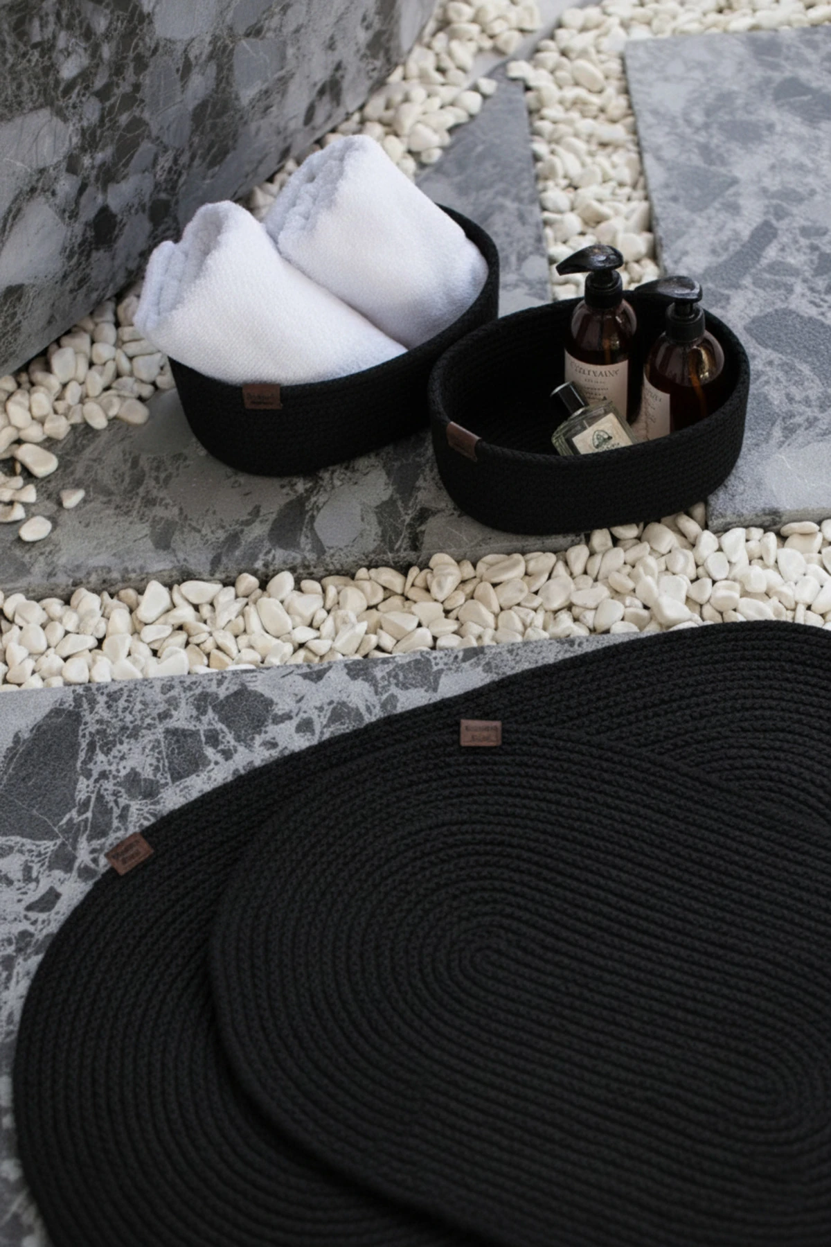 Siyah Hasır / Jüt 4 Parça Banyo Paspas Takımı | Oval Sepet, Paspas Ve Dekor Seti