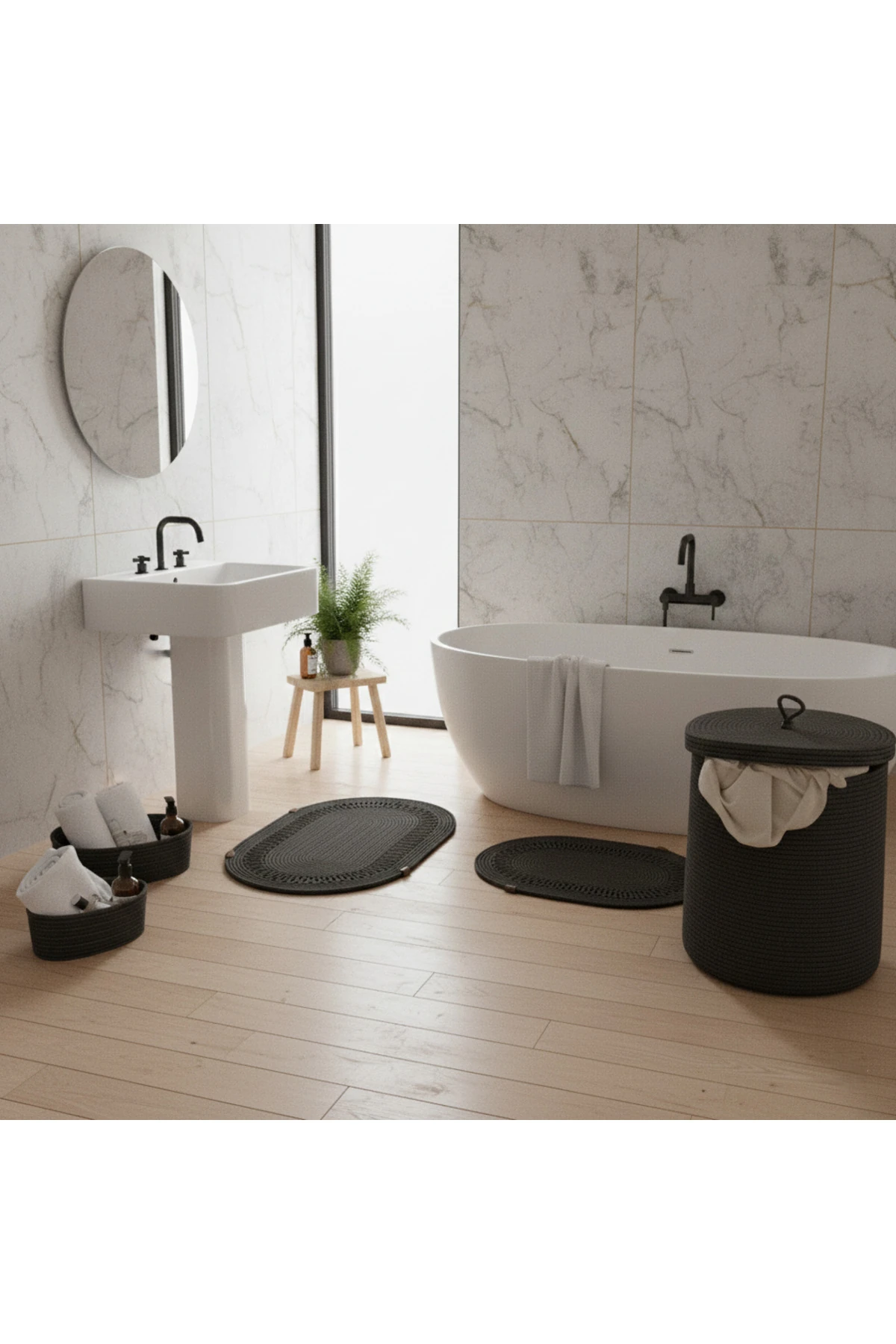 Hasır / Jüt 5 Parça Antrasit Trikotlu Banyo Paspas Takımı | Kirli Sepeti | Oval Sepetler