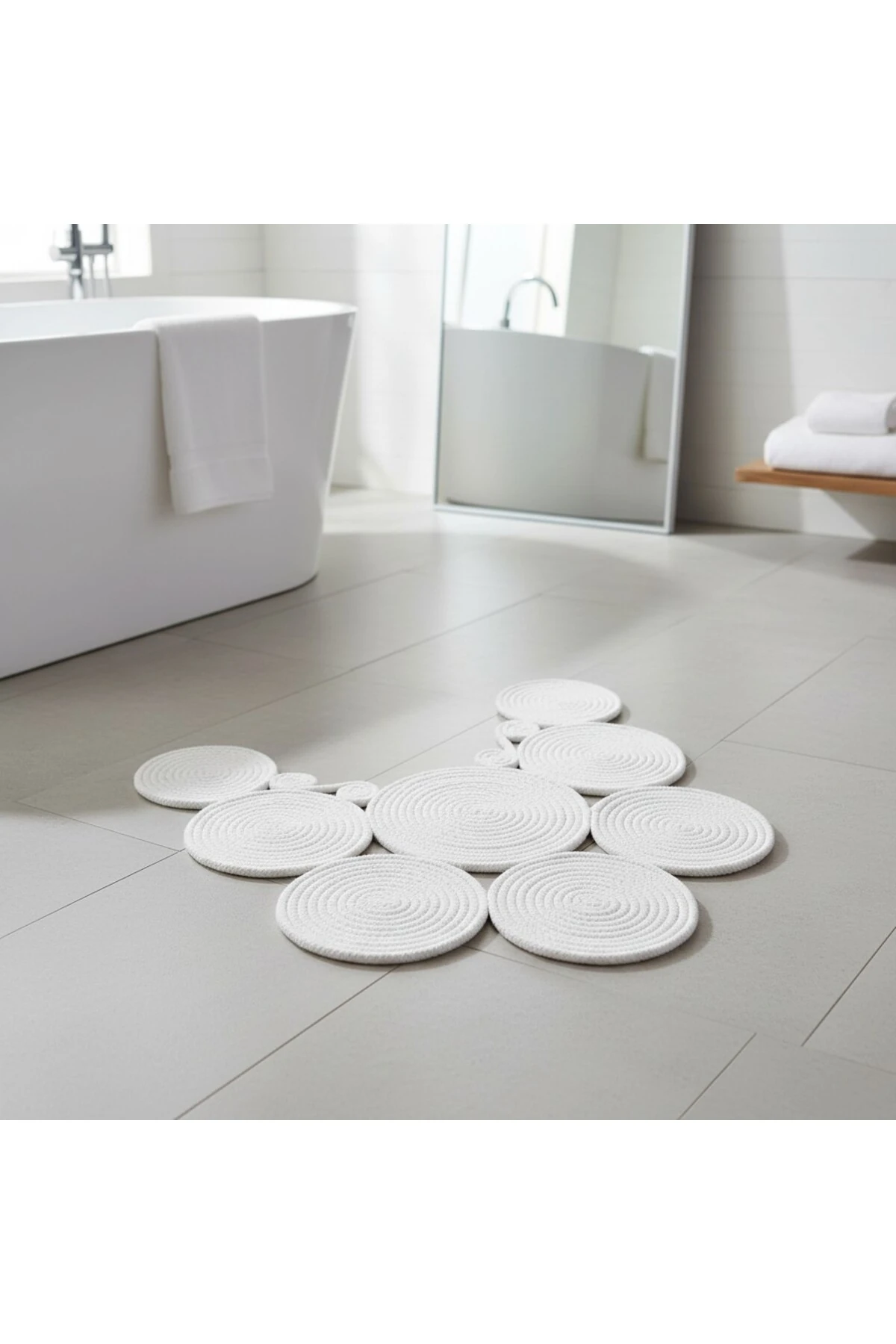 Jüt Hasır Görünümlü | Beyaz Renk | Çift Taraflı Yıkanabilir Banyo Paspası | Klozet Önü | Leke Tutmaz