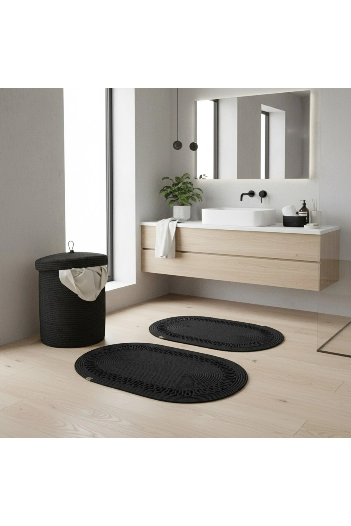 Hasır / Jüt 5 Parça Siyah Trikotlu Banyo Paspas Takımı | Kirli Sepeti | Oval Sepetler