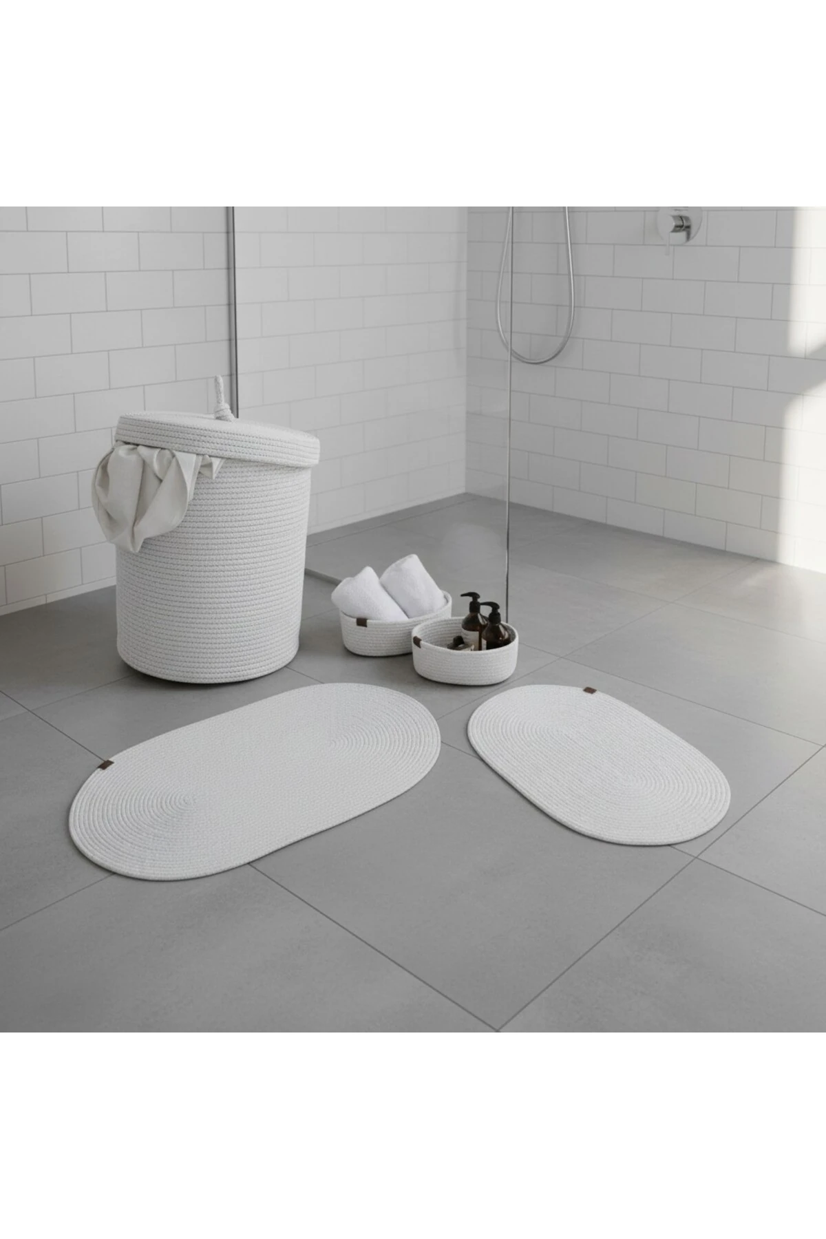 Hasır / Jüt 5 Parça Beyaz Banyo Paspas Takımı | Kirli Sepeti | Oval Sepetler